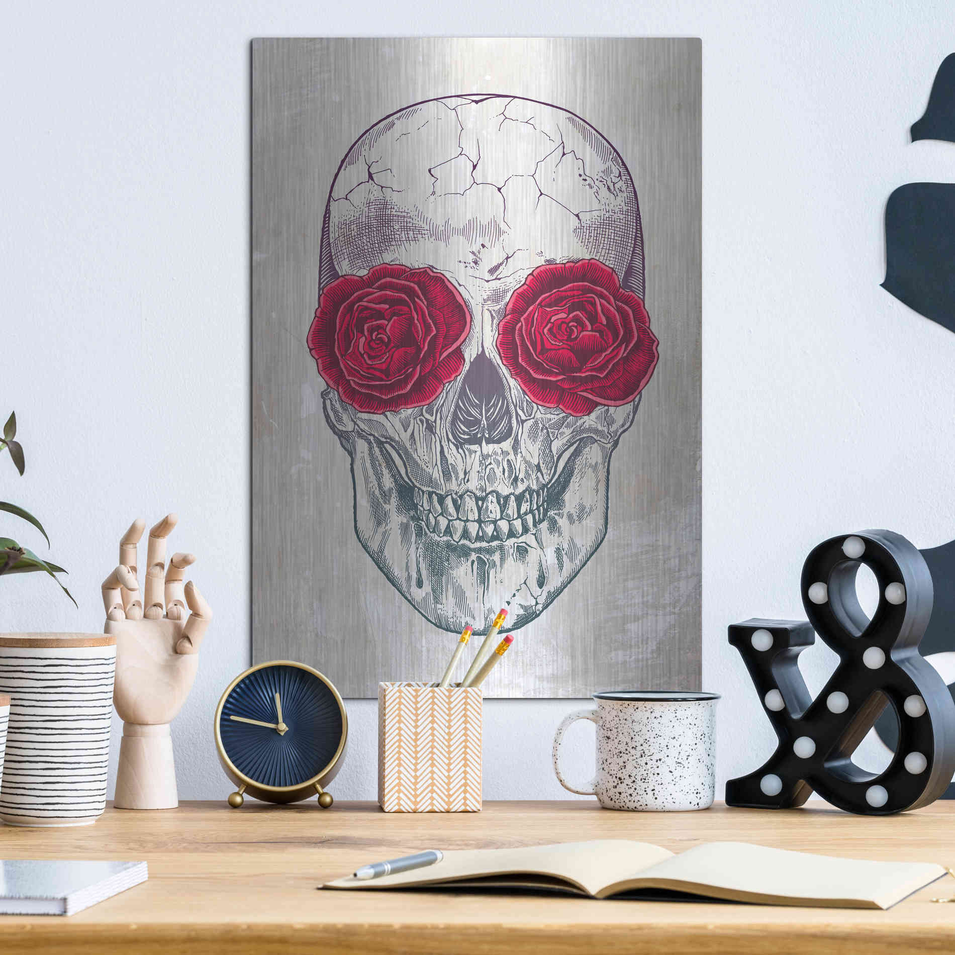 Luxe Metal Art 'Skull & Roses' by Rachel Caldwell, Metal Wall Art,12x16