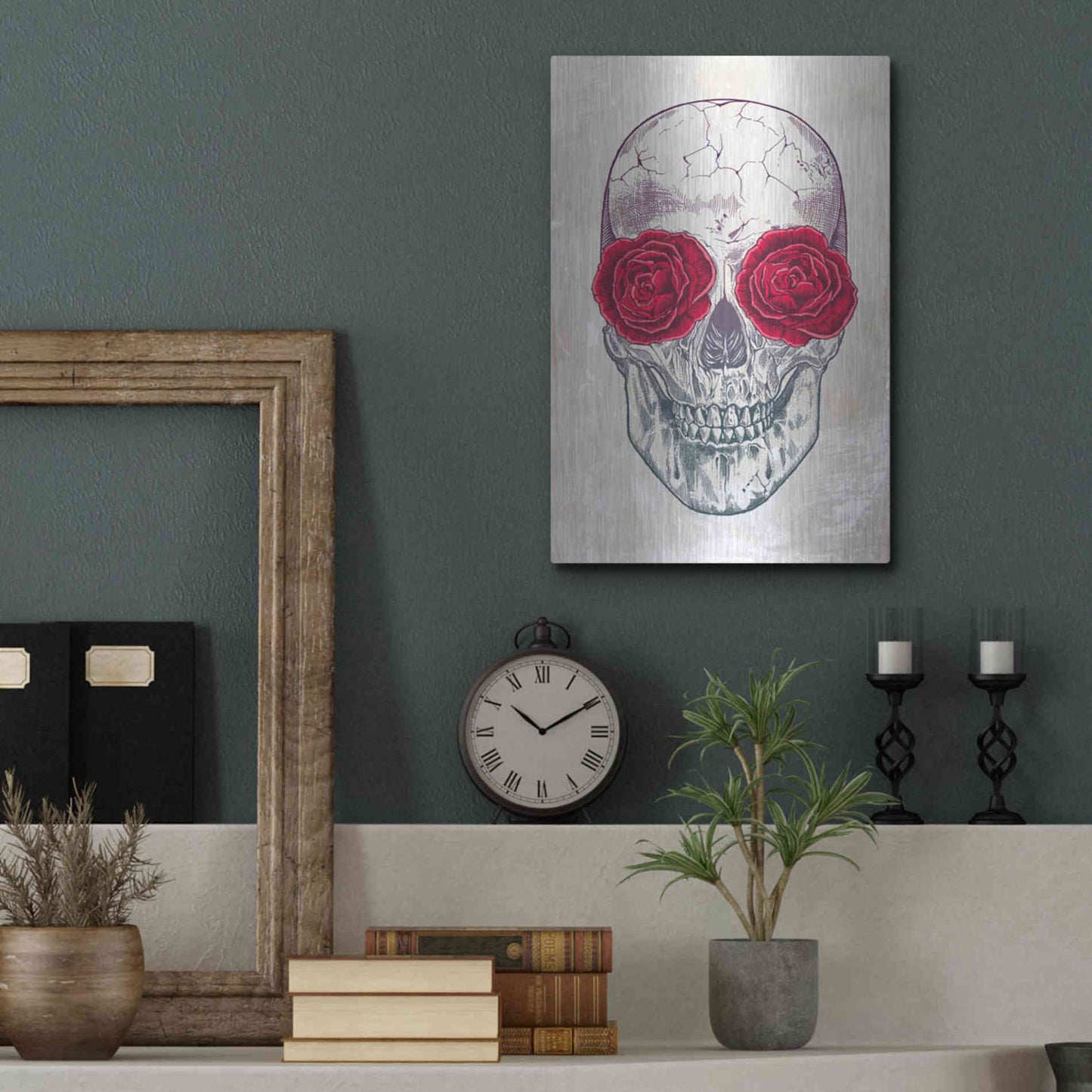 Luxe Metal Art 'Skull & Roses' by Rachel Caldwell, Metal Wall Art,12x16