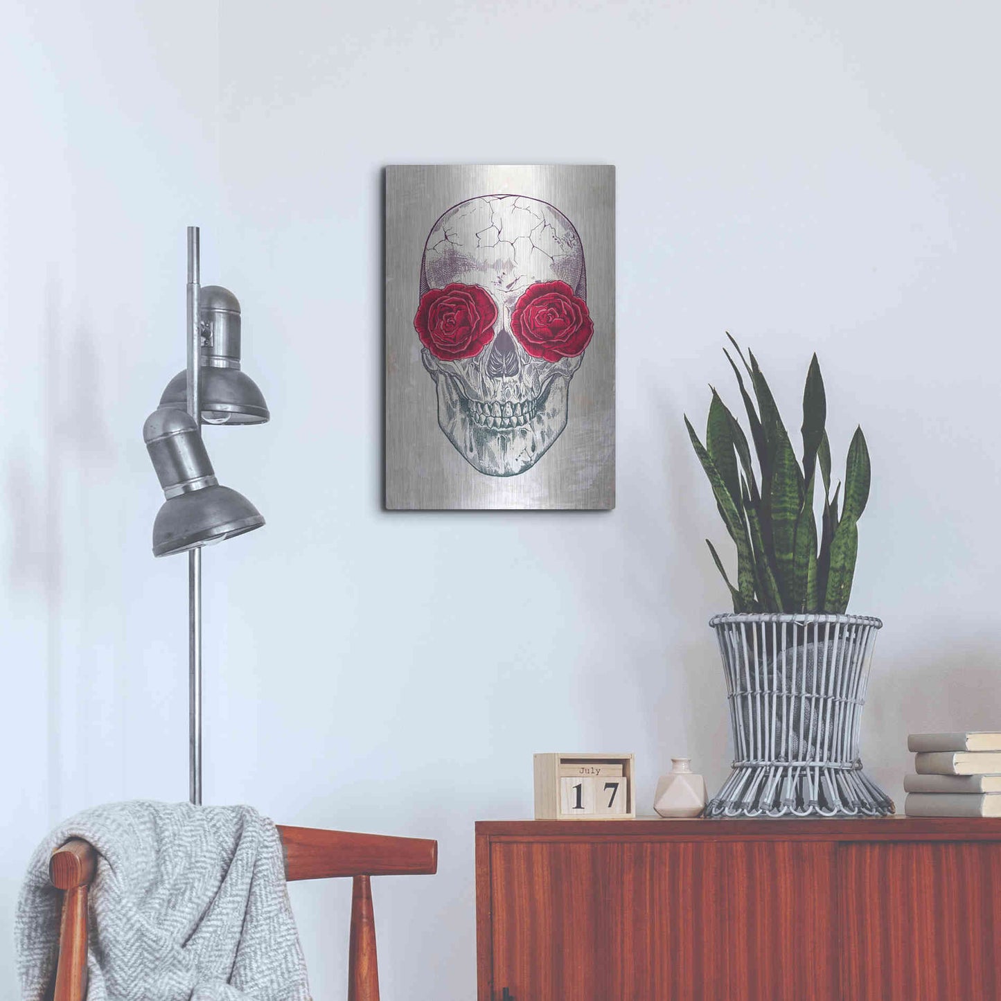 Luxe Metal Art 'Skull & Roses' by Rachel Caldwell, Metal Wall Art,16x24