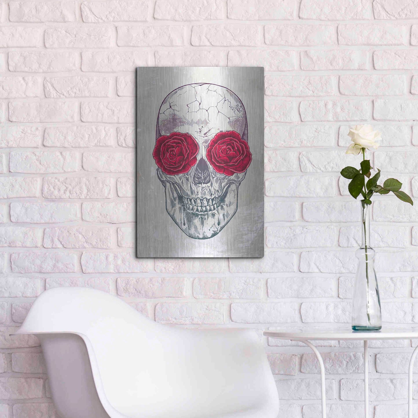 Luxe Metal Art 'Skull & Roses' by Rachel Caldwell, Metal Wall Art,16x24