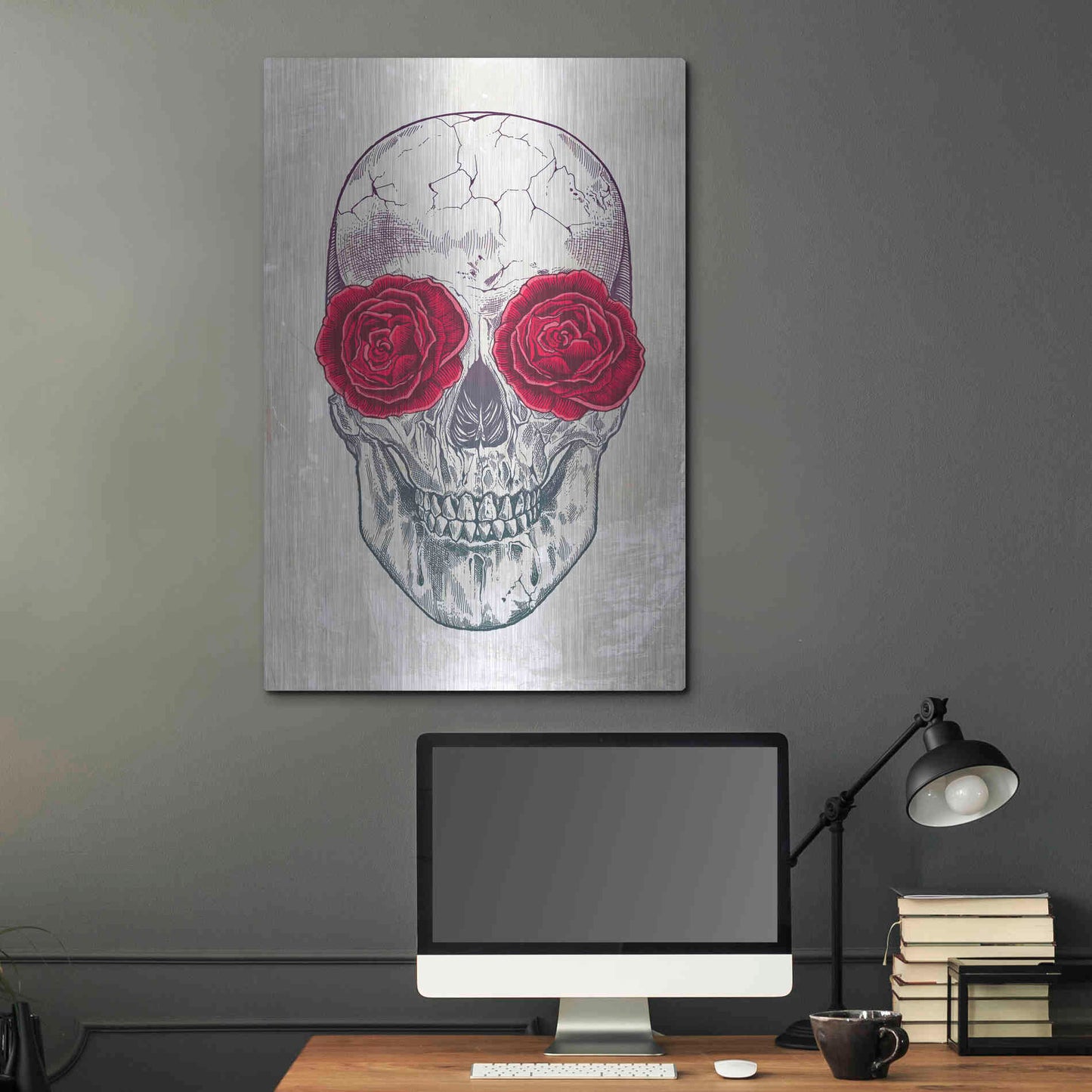 Luxe Metal Art 'Skull & Roses' by Rachel Caldwell, Metal Wall Art,24x36