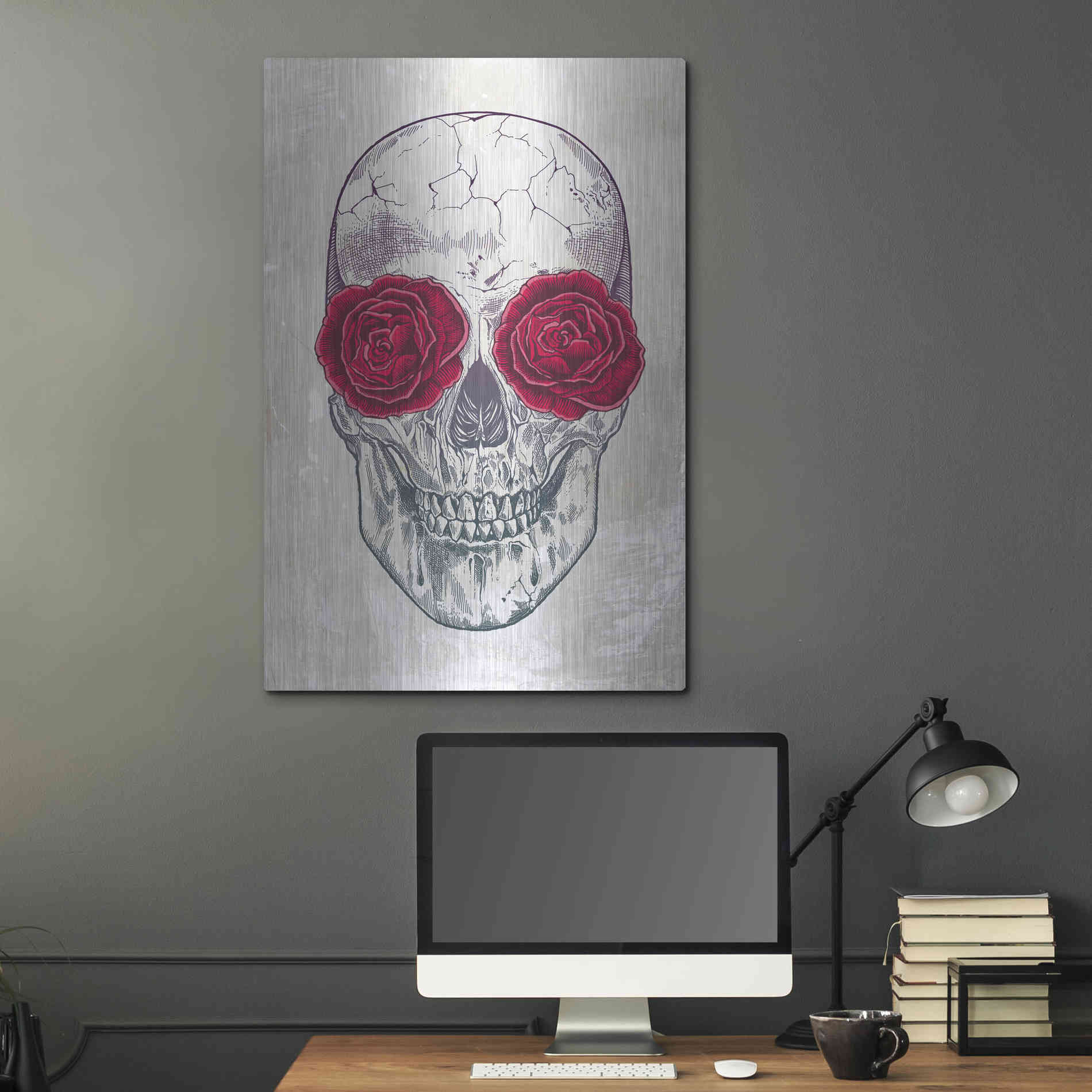 Luxe Metal Art 'Skull & Roses' by Rachel Caldwell, Metal Wall Art,24x36