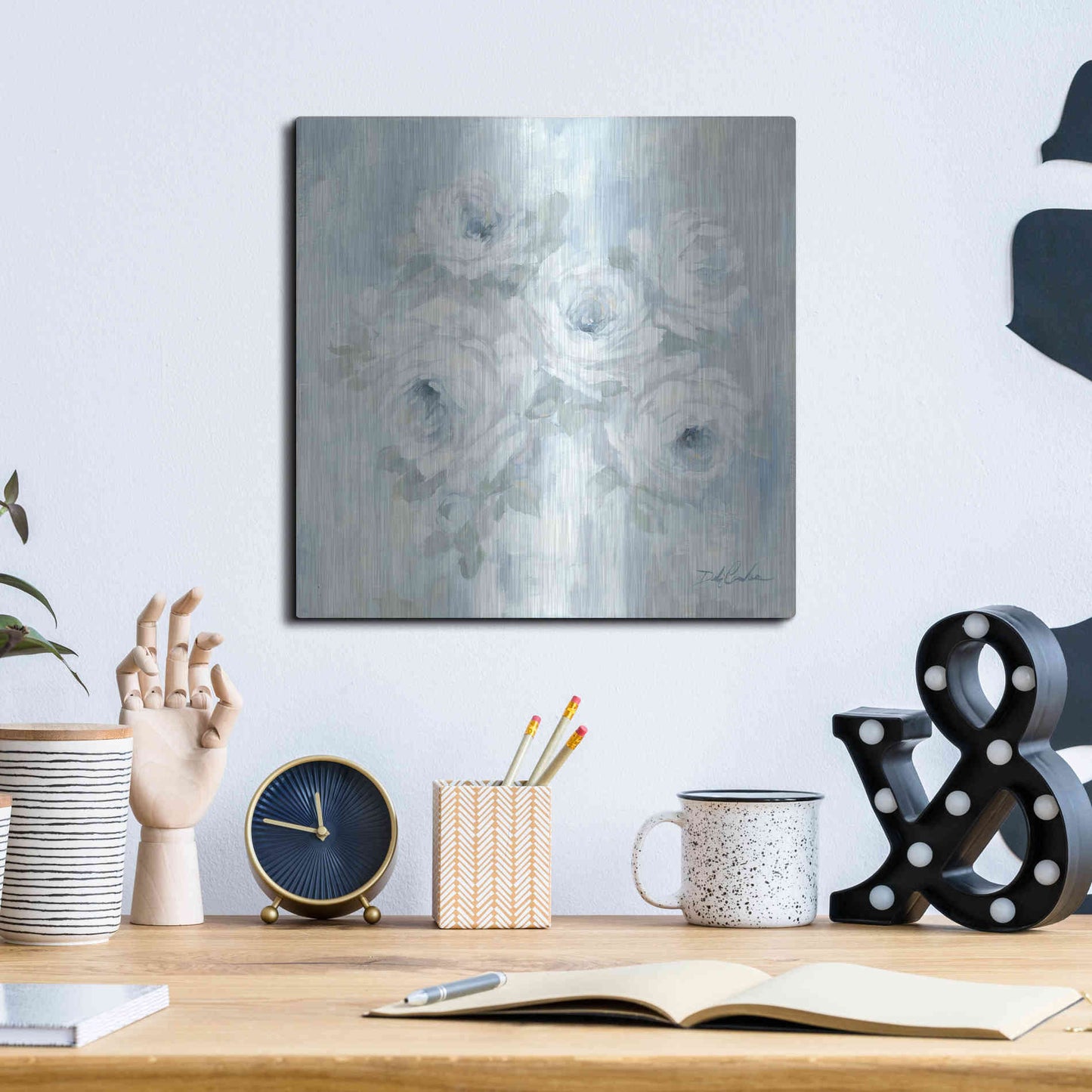 Luxe Metal Art 'White Roses' by Debi Coiules, Metal Wall Art,12x12