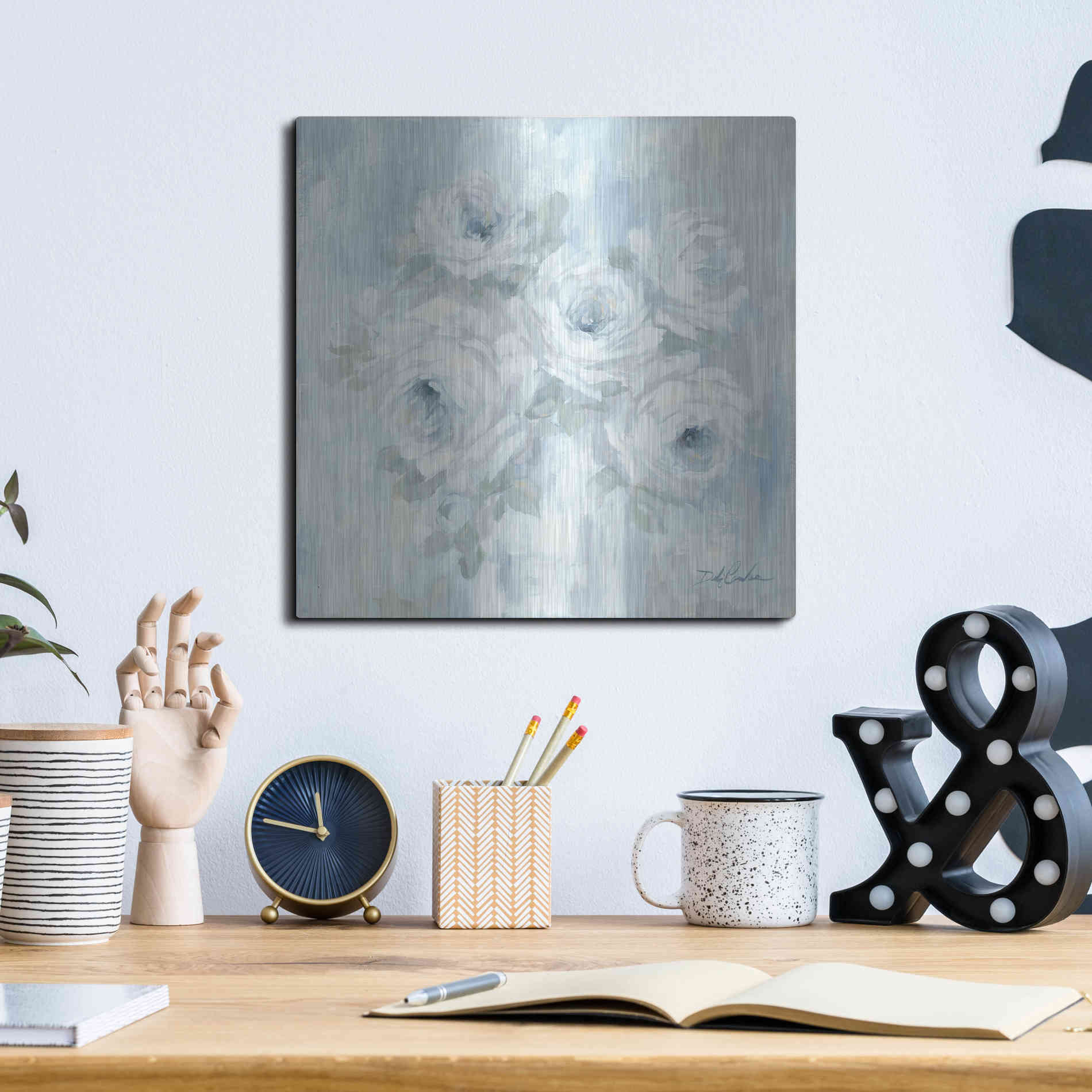 Luxe Metal Art 'White Roses' by Debi Coiules, Metal Wall Art,12x12