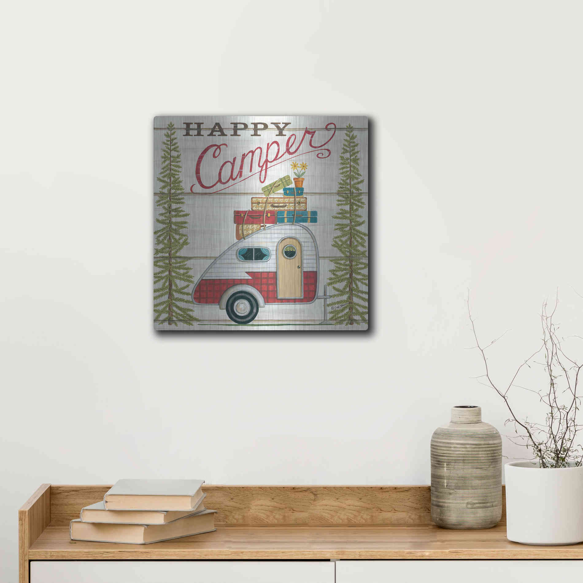 Luxe Metal Art 'Happy Camper' by Deb Strain, Metal Wall Art,12x12