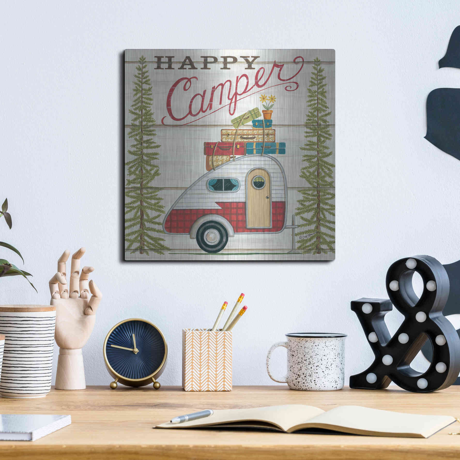 Luxe Metal Art 'Happy Camper' by Deb Strain, Metal Wall Art,12x12