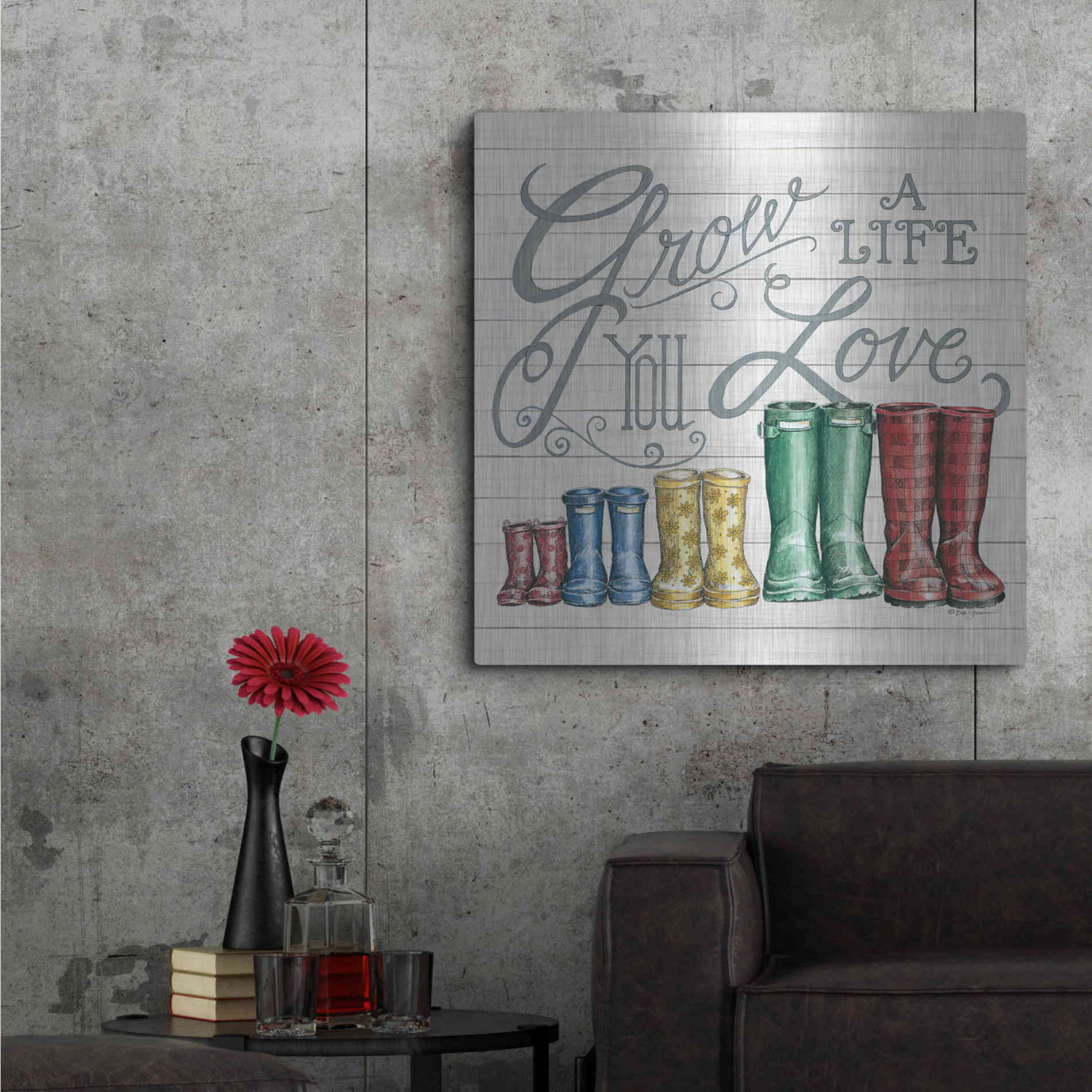 Luxe Metal Art 'Grow a Life You Love Boots' by Deb Strain, Metal Wall Art,36x36