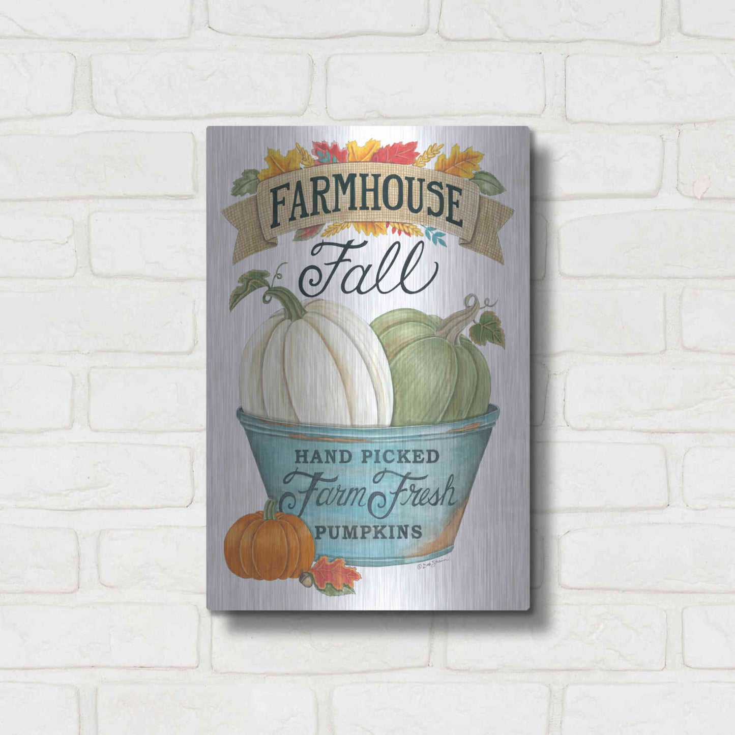 Luxe Metal Art 'Farmhouse Fall Pumpkins' by Deb Strain, Metal Wall Art,12x16