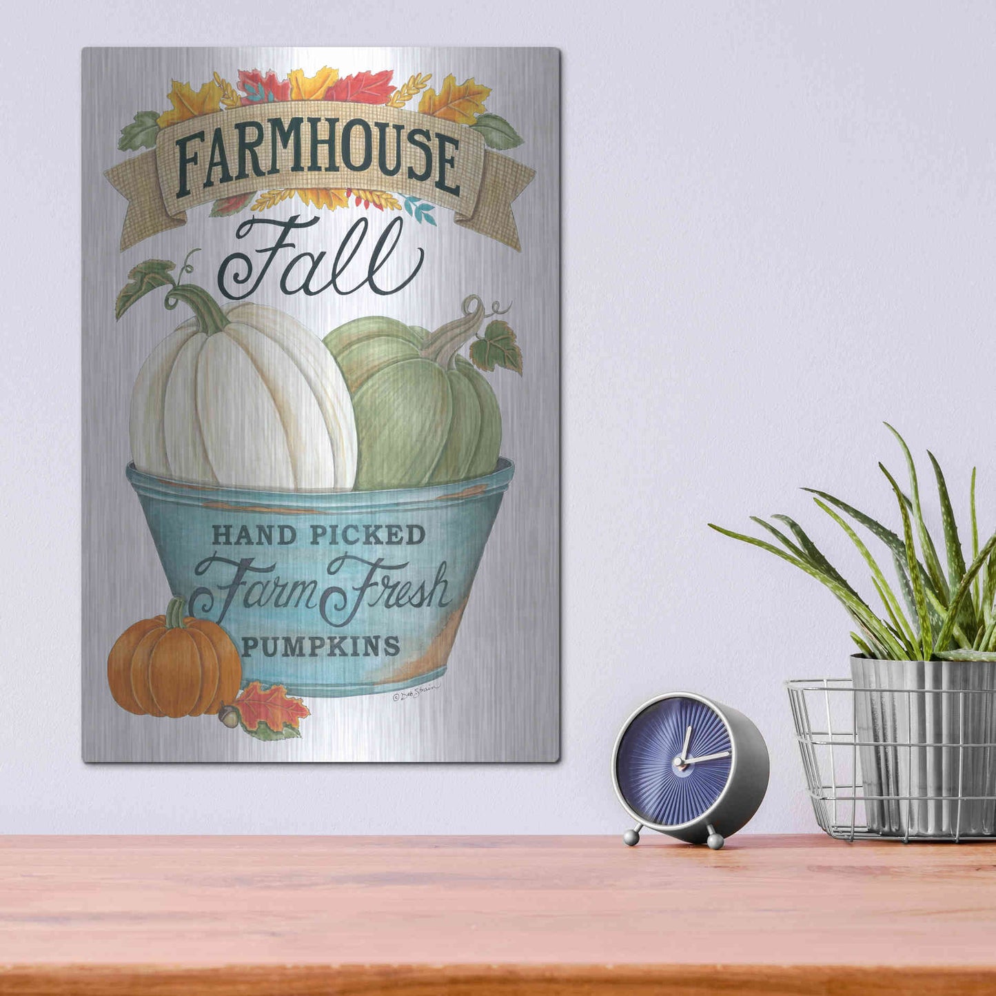 Luxe Metal Art 'Farmhouse Fall Pumpkins' by Deb Strain, Metal Wall Art,12x16