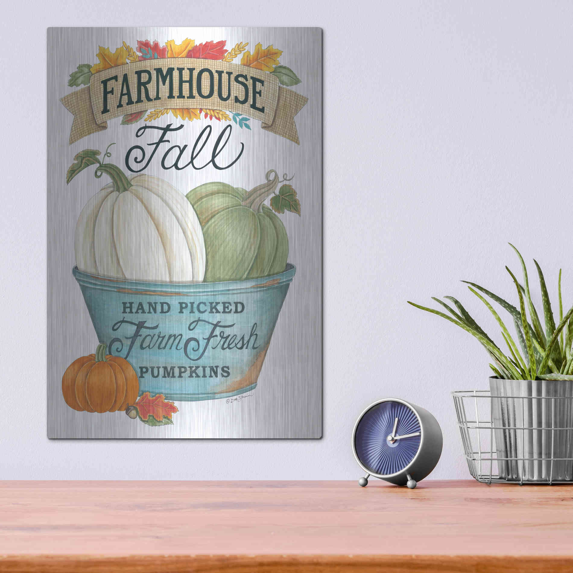 Luxe Metal Art 'Farmhouse Fall Pumpkins' by Deb Strain, Metal Wall Art,12x16