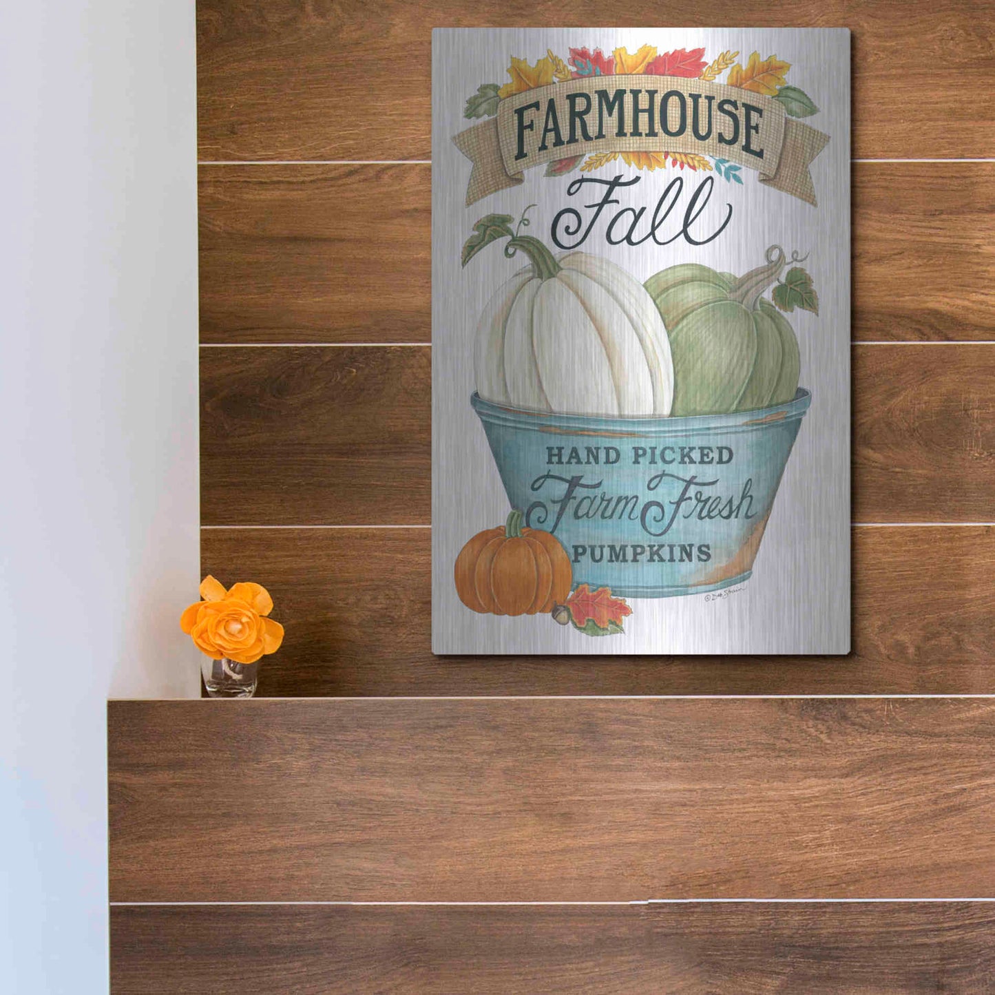 Luxe Metal Art 'Farmhouse Fall Pumpkins' by Deb Strain, Metal Wall Art,12x16