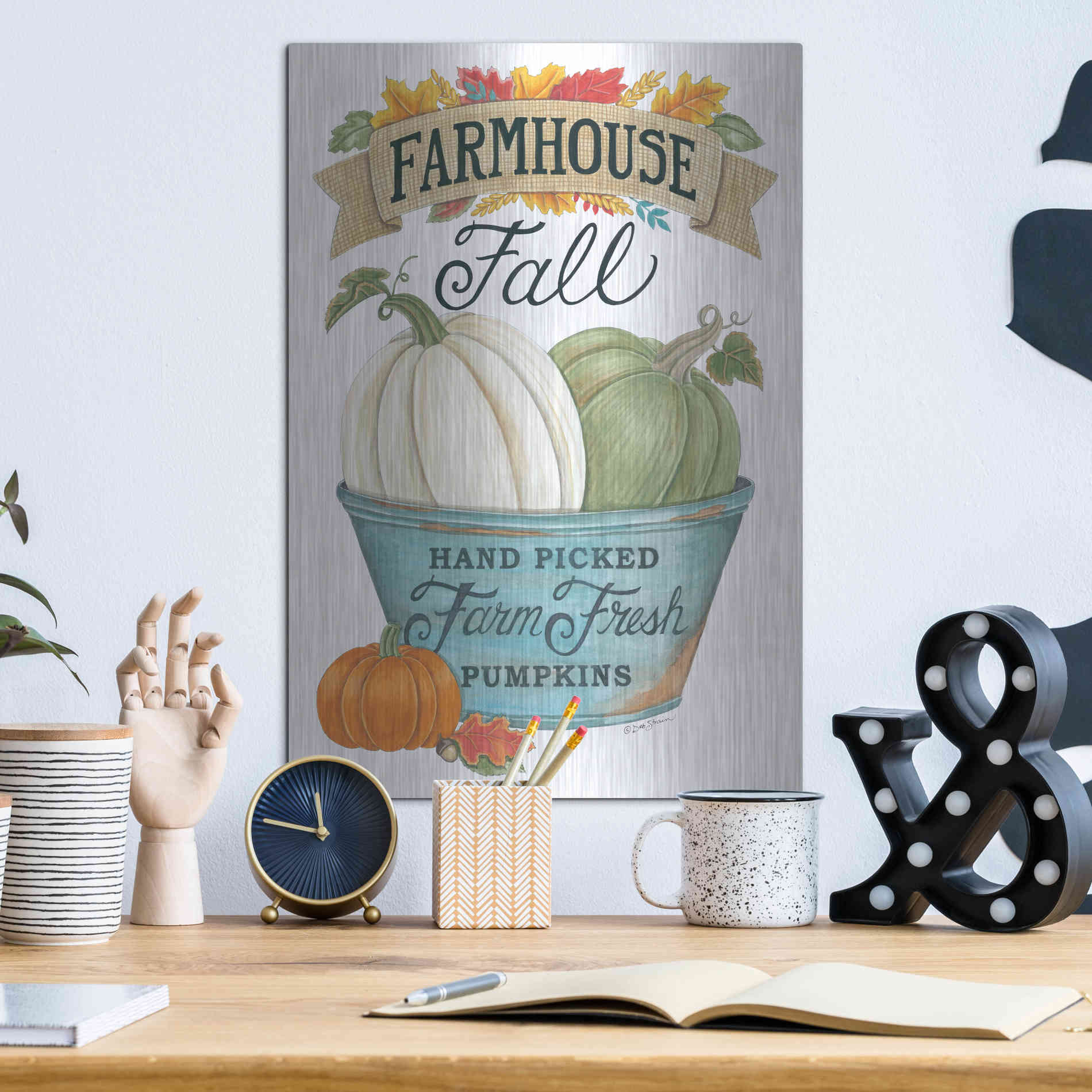 Luxe Metal Art 'Farmhouse Fall Pumpkins' by Deb Strain, Metal Wall Art,12x16