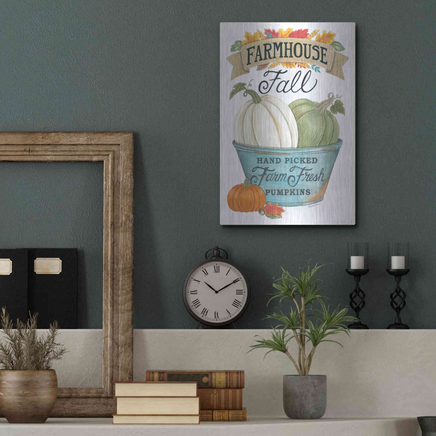 Luxe Metal Art 'Farmhouse Fall Pumpkins' by Deb Strain, Metal Wall Art,12x16