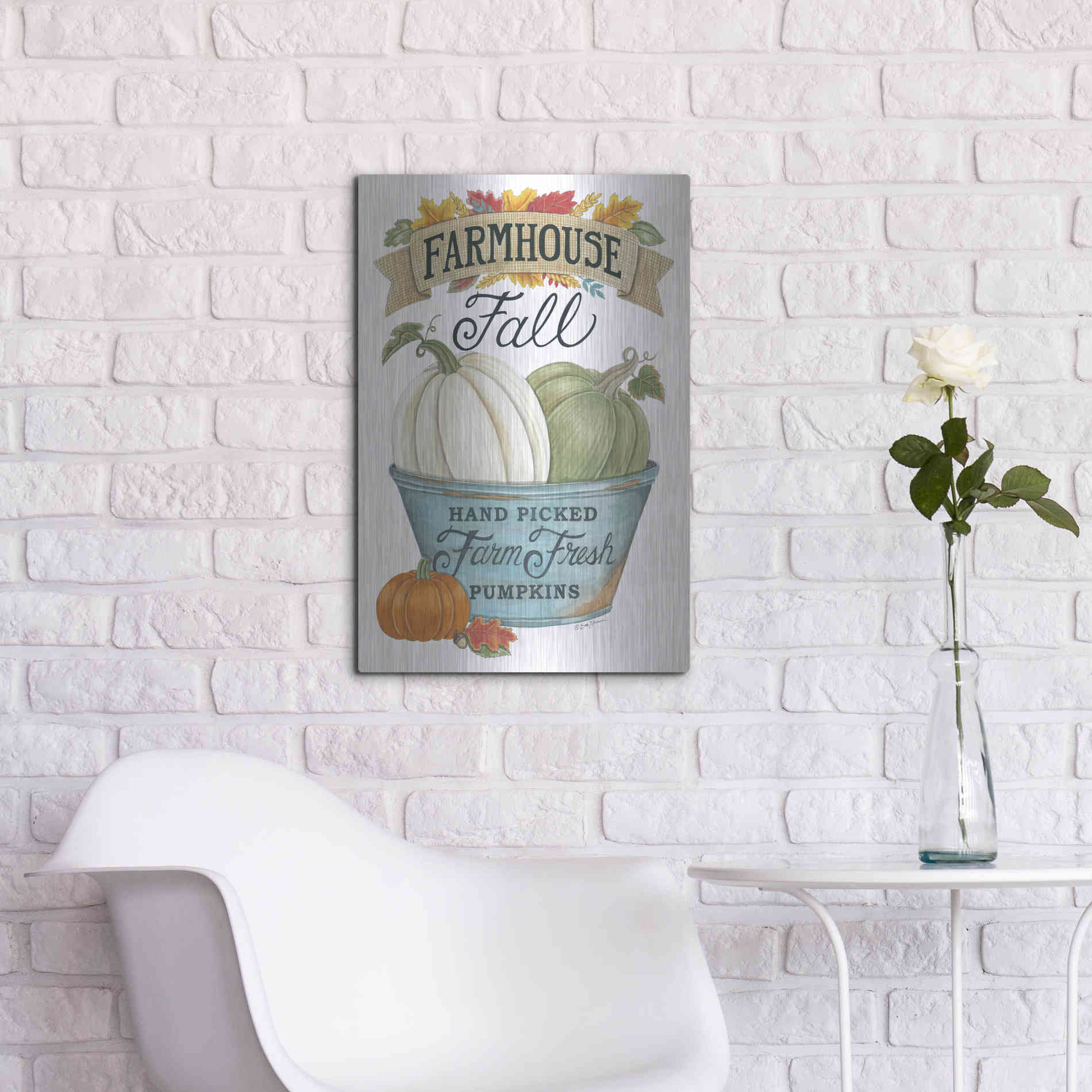 Luxe Metal Art 'Farmhouse Fall Pumpkins' by Deb Strain, Metal Wall Art,16x24