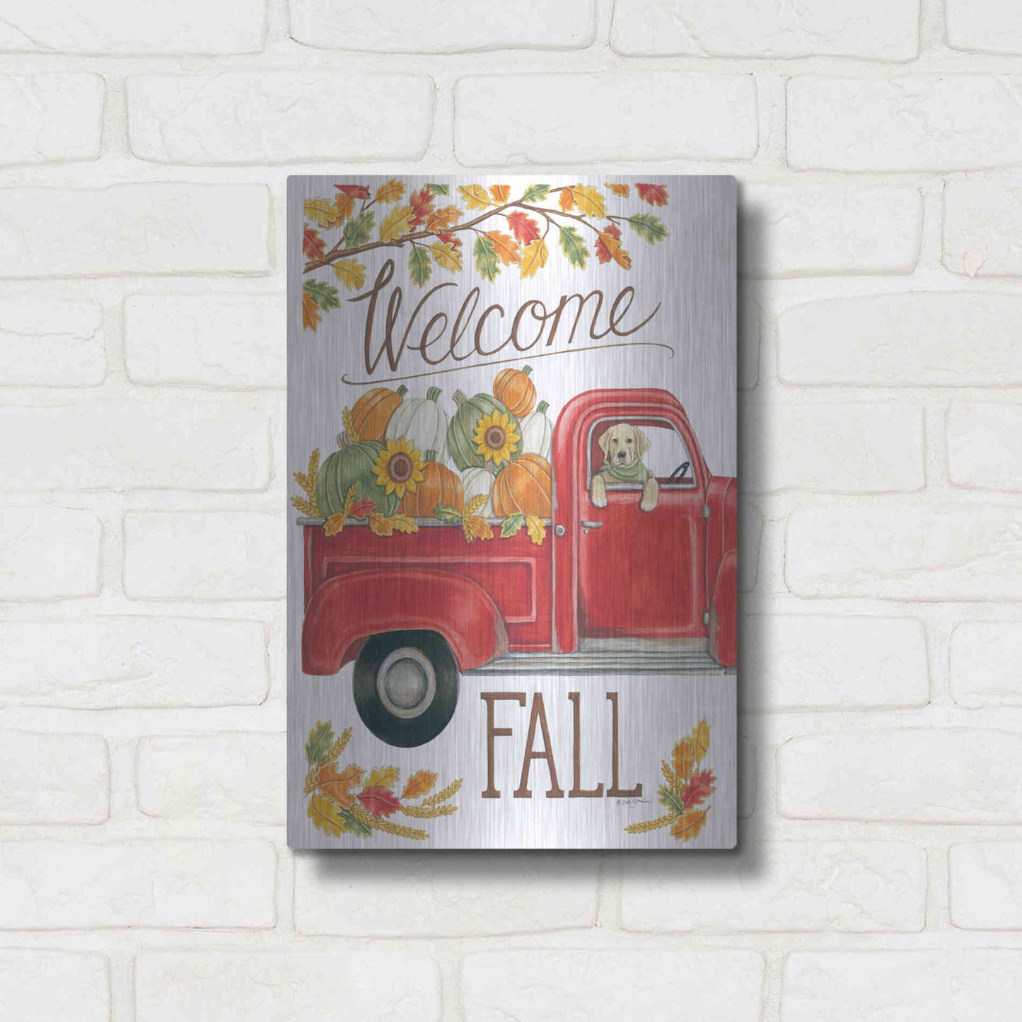 Luxe Metal Art 'Fall Truck & Lab' by Deb Strain, Metal Wall Art,12x16