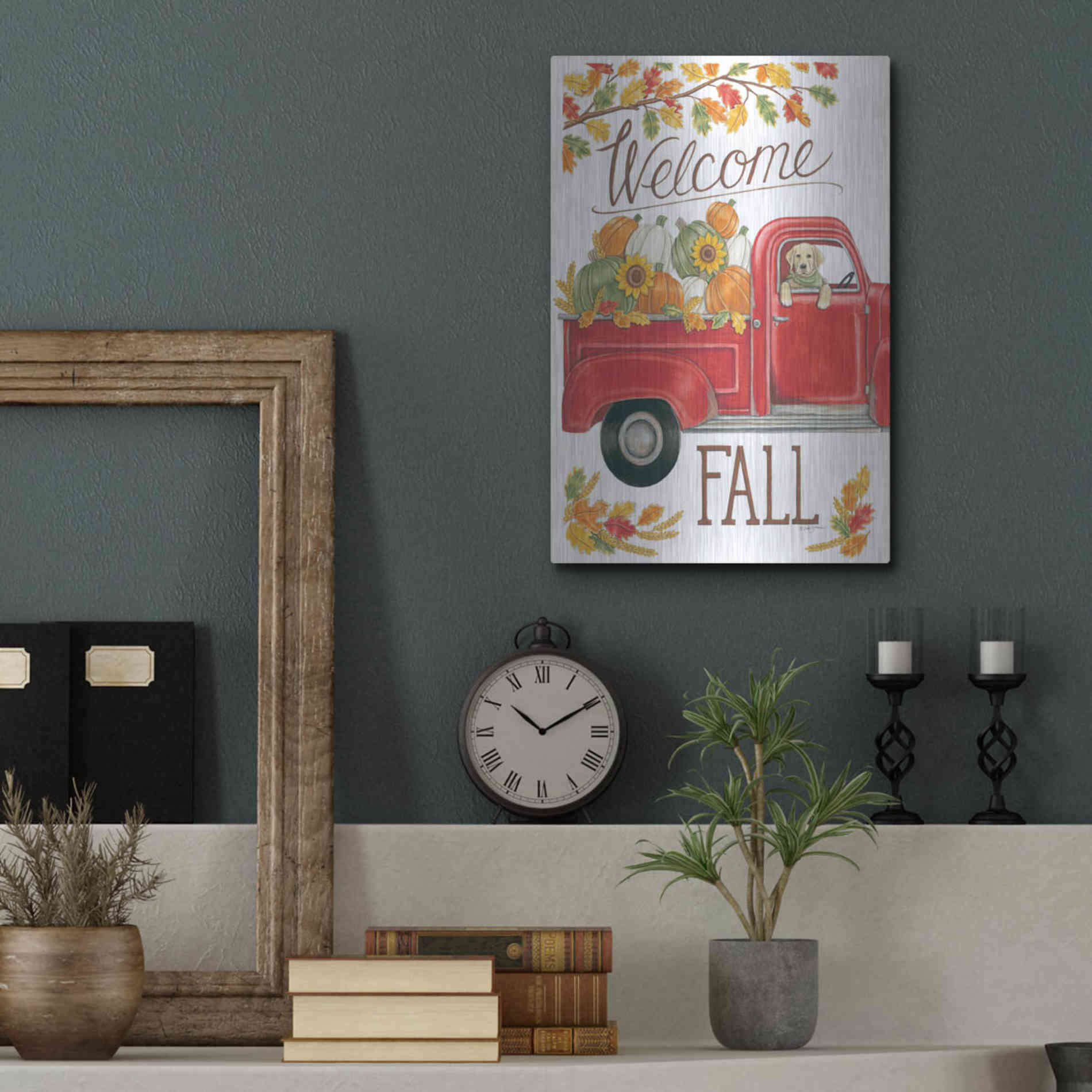 Luxe Metal Art 'Fall Truck & Lab' by Deb Strain, Metal Wall Art,12x16