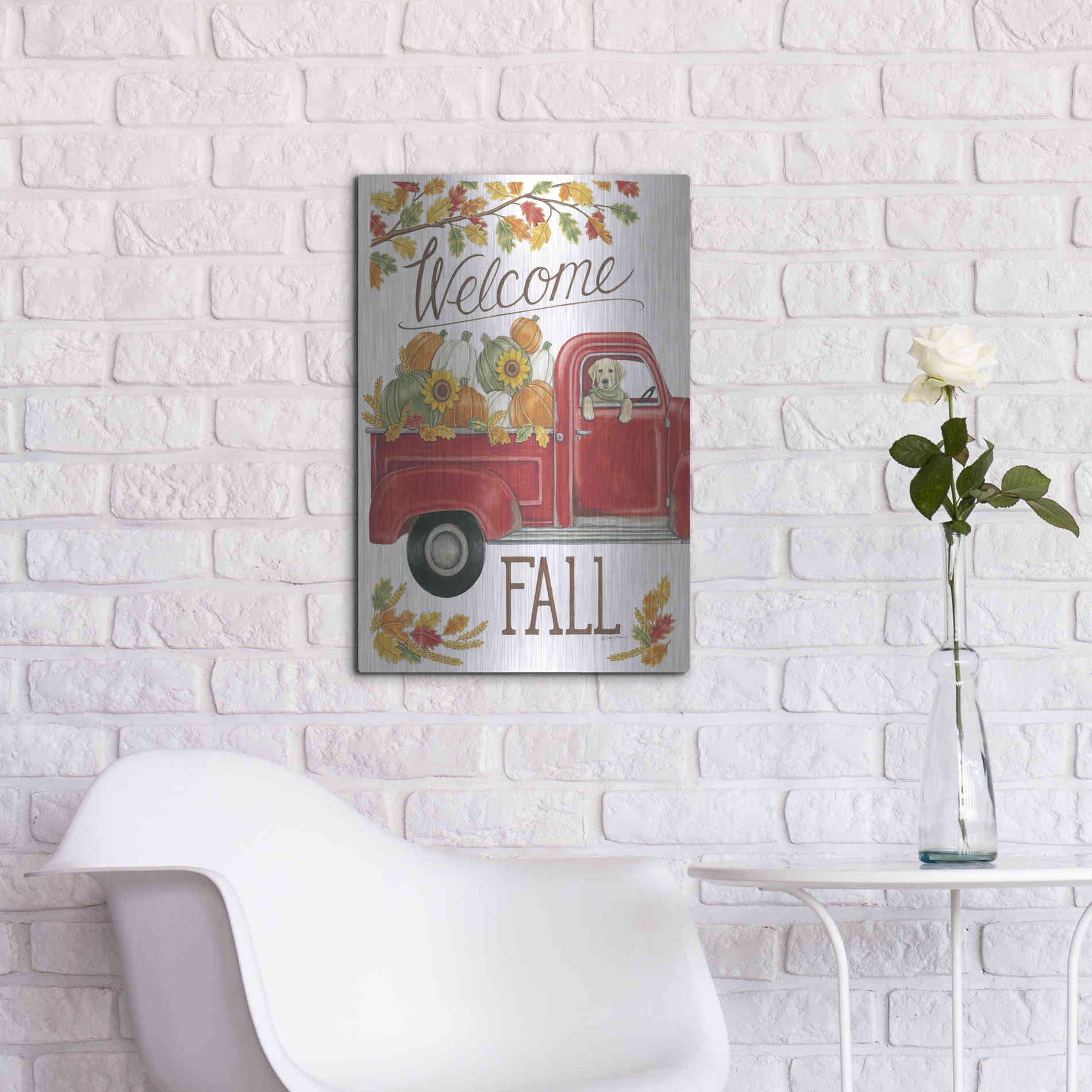 Luxe Metal Art 'Fall Truck & Lab' by Deb Strain, Metal Wall Art,16x24