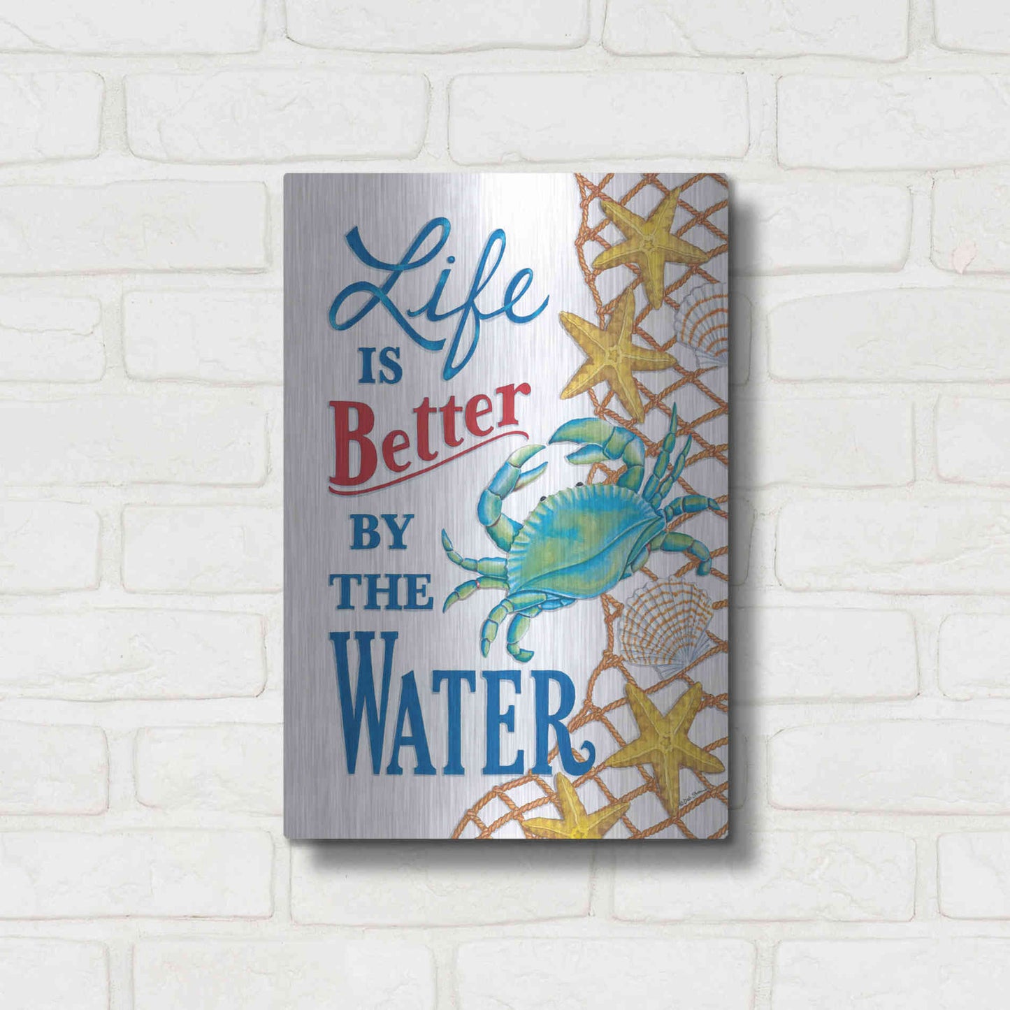 Luxe Metal Art 'Better' by the Water Crab' by Deb Strain, Metal Wall Art,12x16