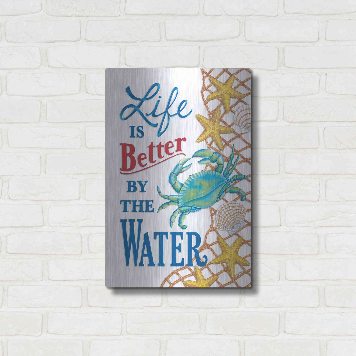 Luxe Metal Art 'Better' by the Water Crab' by Deb Strain, Metal Wall Art,16x24