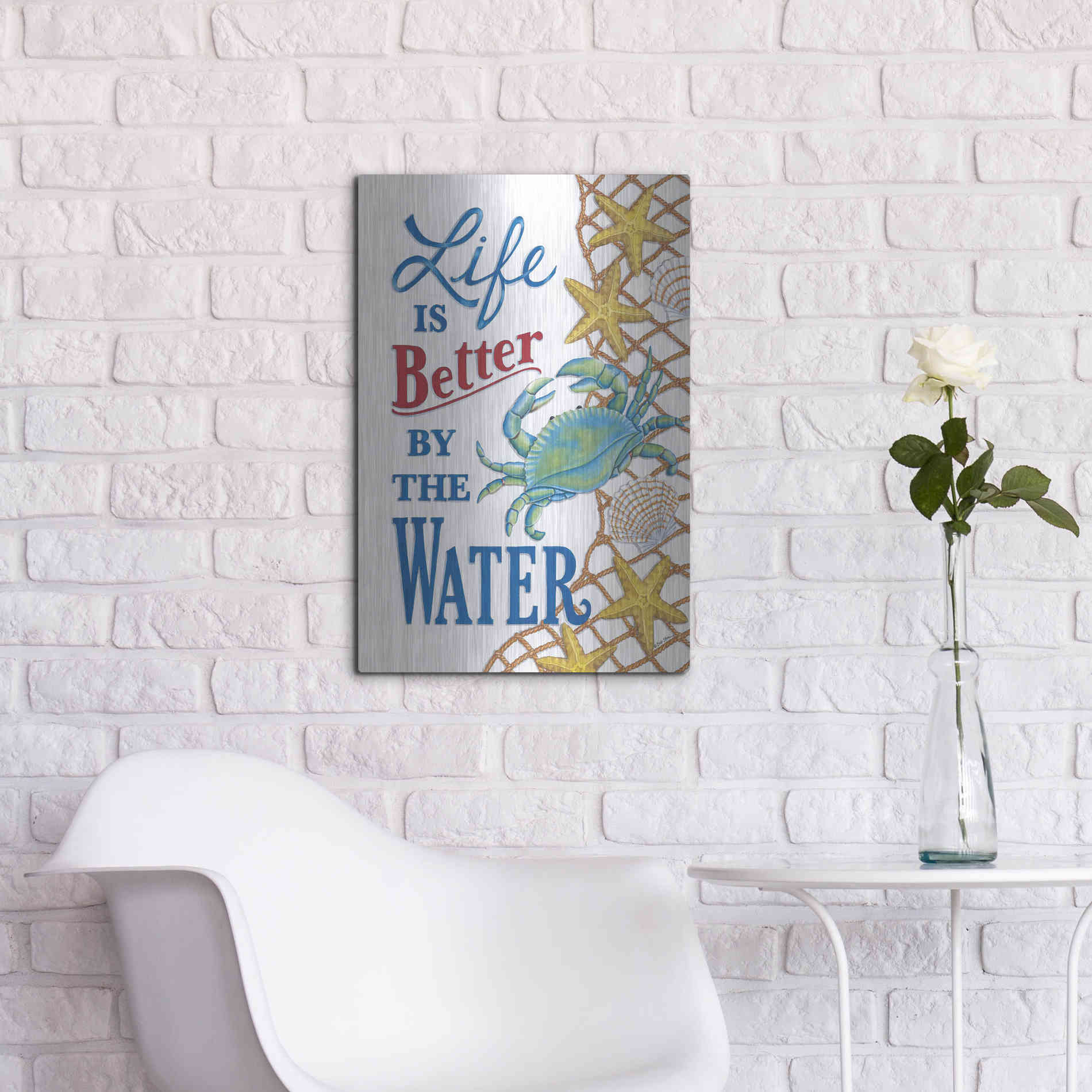 Luxe Metal Art 'Better' by the Water Crab' by Deb Strain, Metal Wall Art,16x24