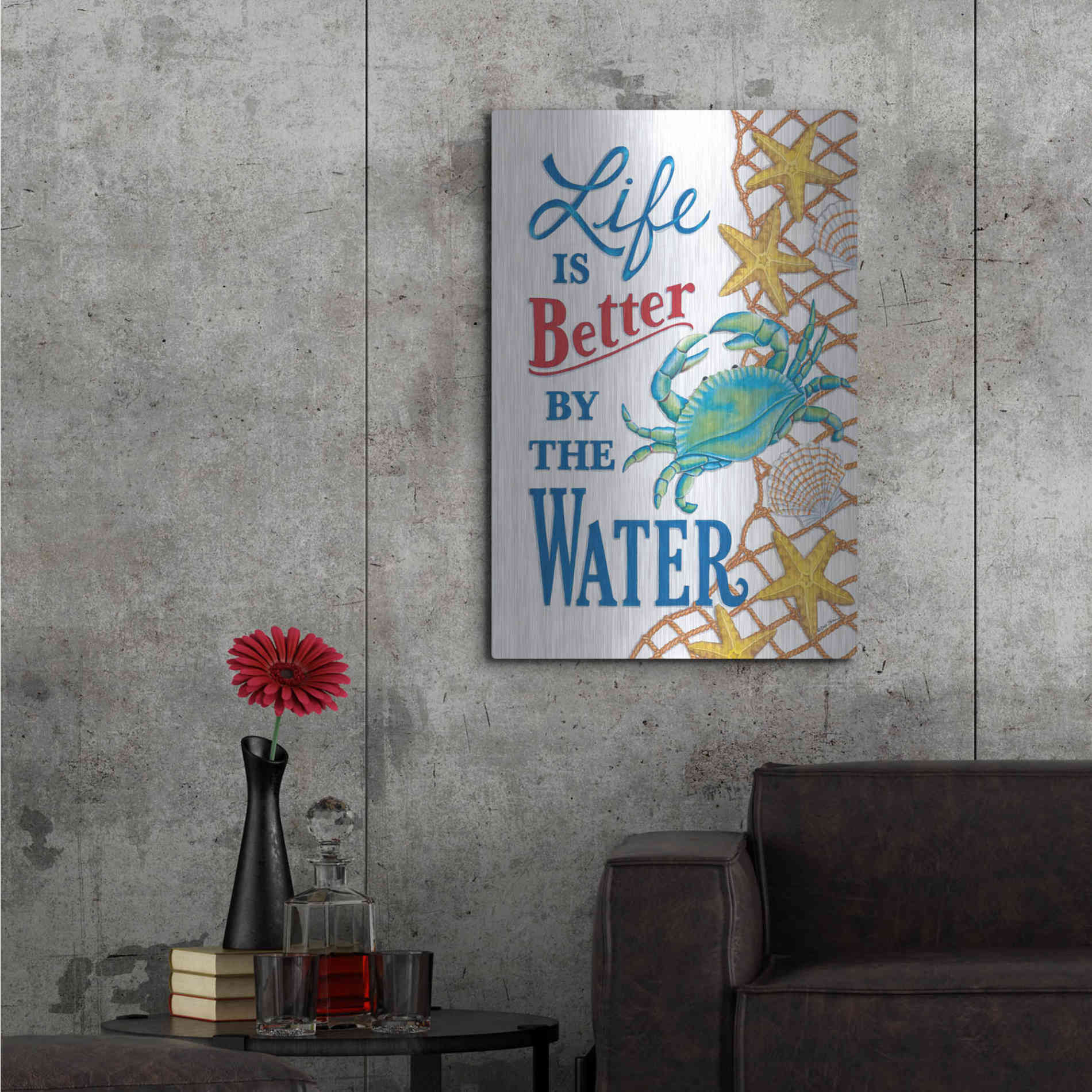 Luxe Metal Art 'Better' by the Water Crab' by Deb Strain, Metal Wall Art,24x36