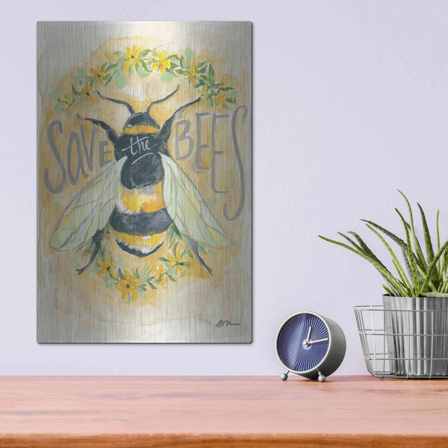 Luxe Metal Art 'Save the Bees' by Jessica Mingo, Metal Wall Art,12x16