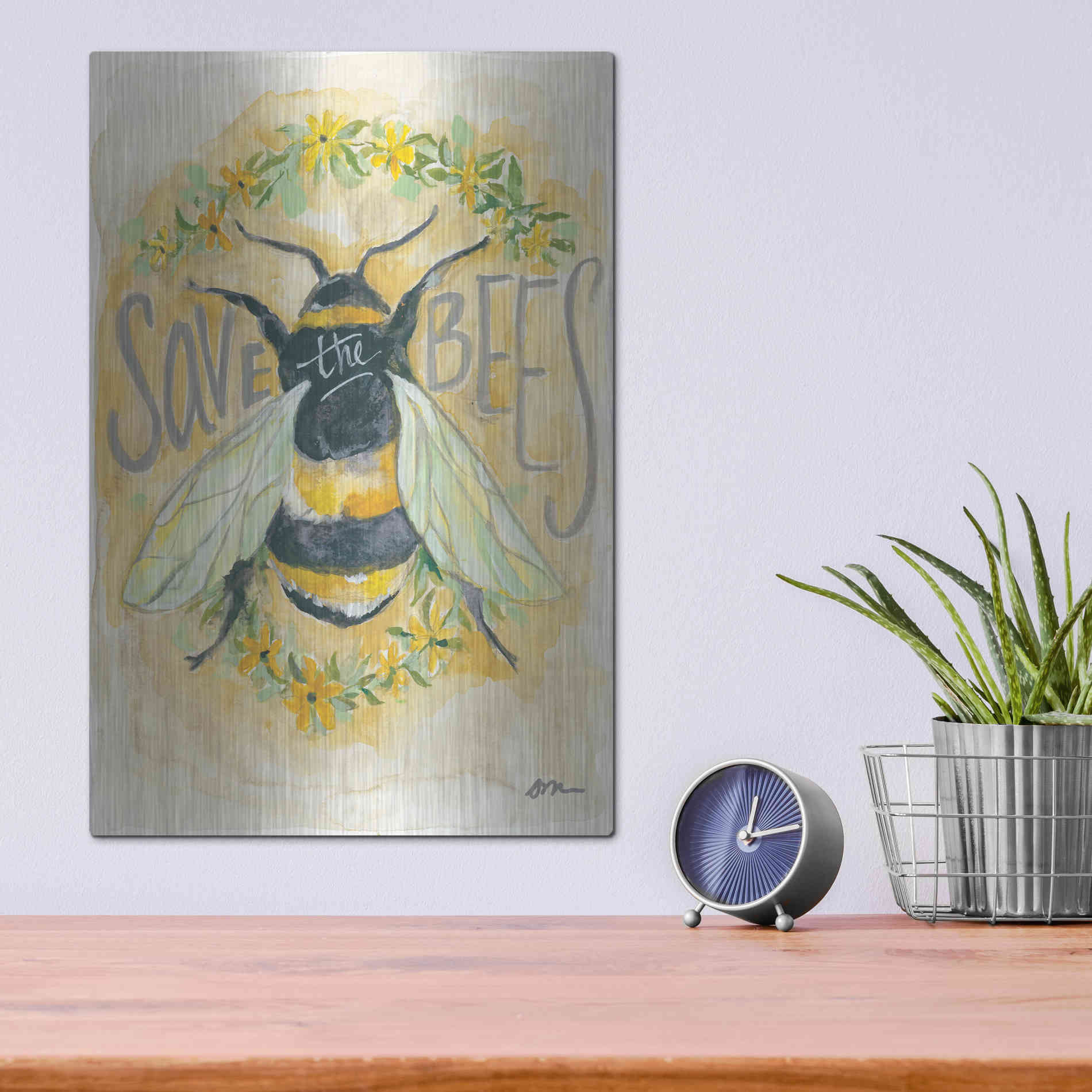 Luxe Metal Art 'Save the Bees' by Jessica Mingo, Metal Wall Art,12x16