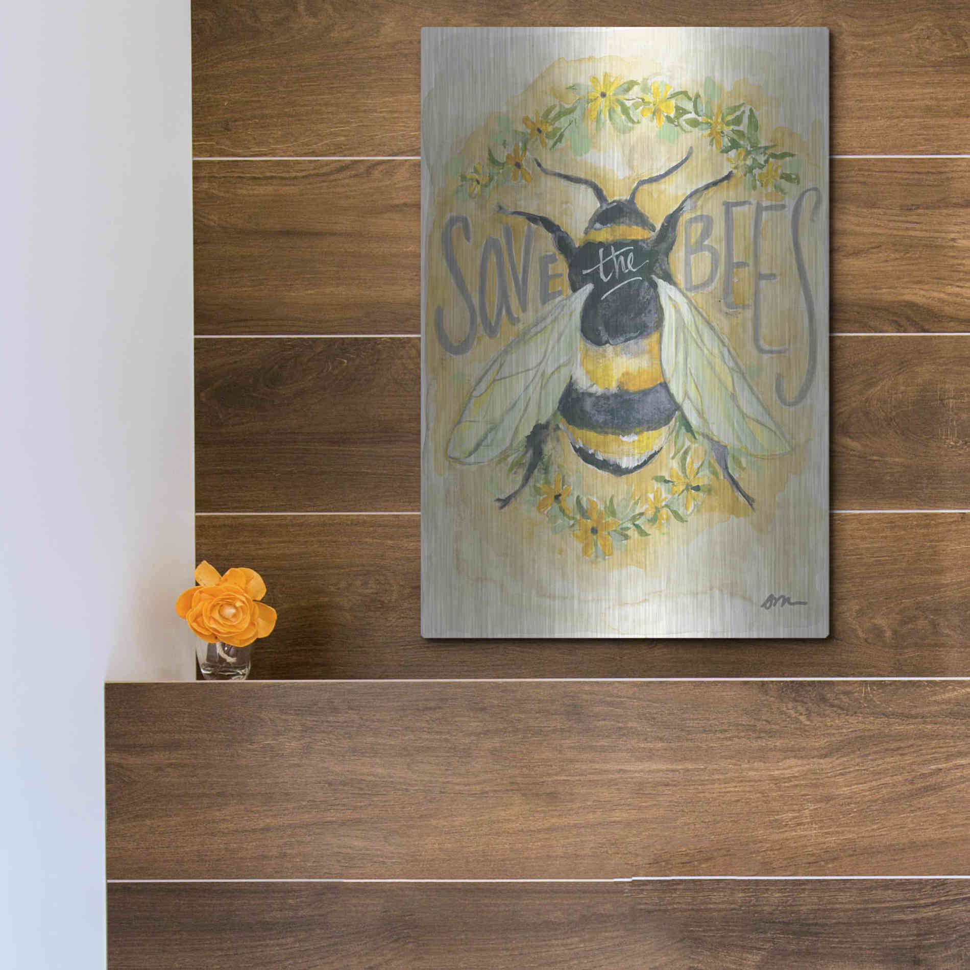 Luxe Metal Art 'Save the Bees' by Jessica Mingo, Metal Wall Art,12x16