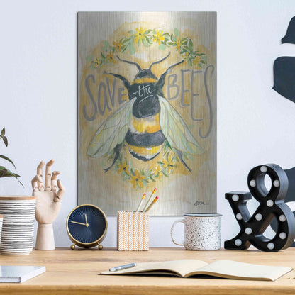 Luxe Metal Art 'Save the Bees' by Jessica Mingo, Metal Wall Art,12x16