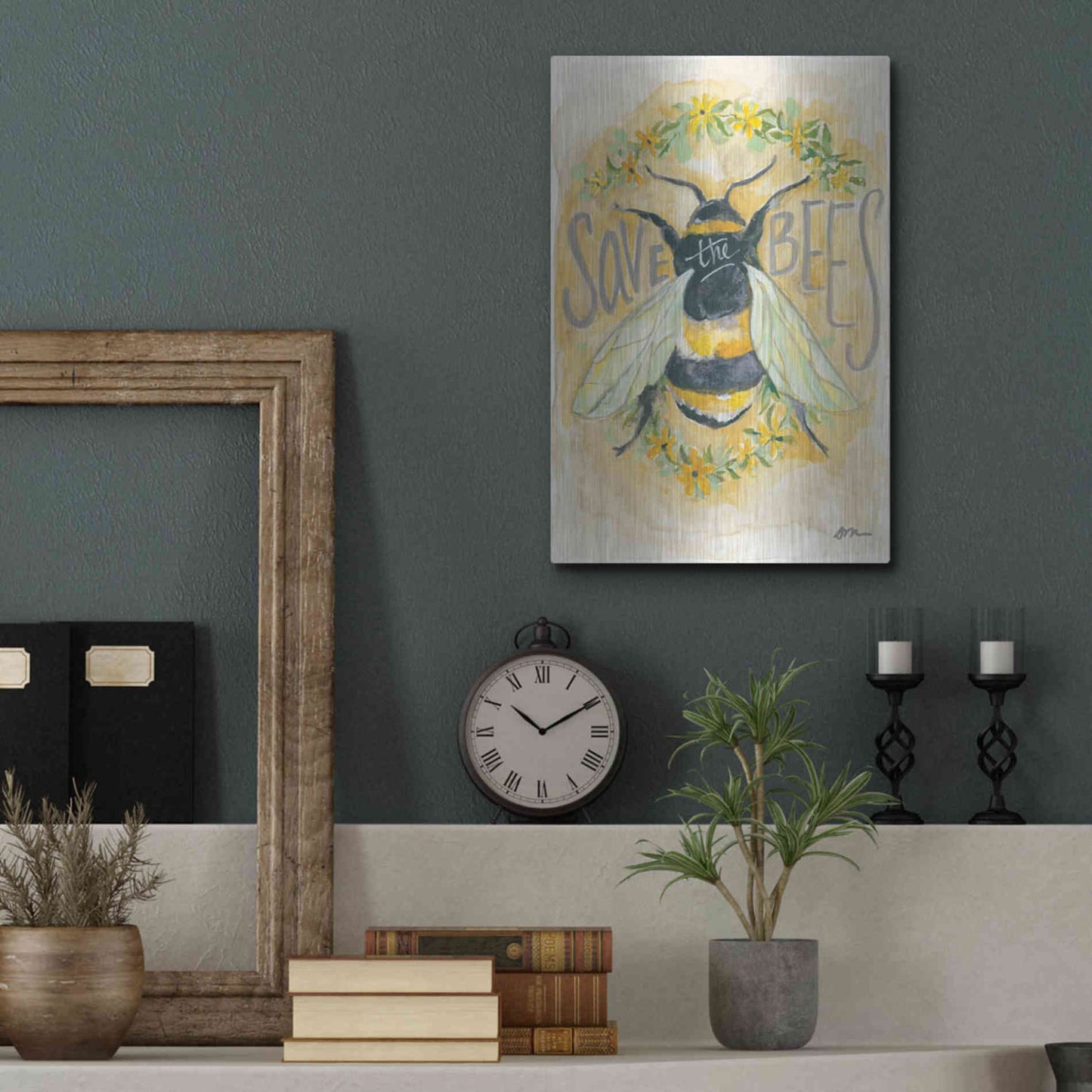 Luxe Metal Art 'Save the Bees' by Jessica Mingo, Metal Wall Art,12x16