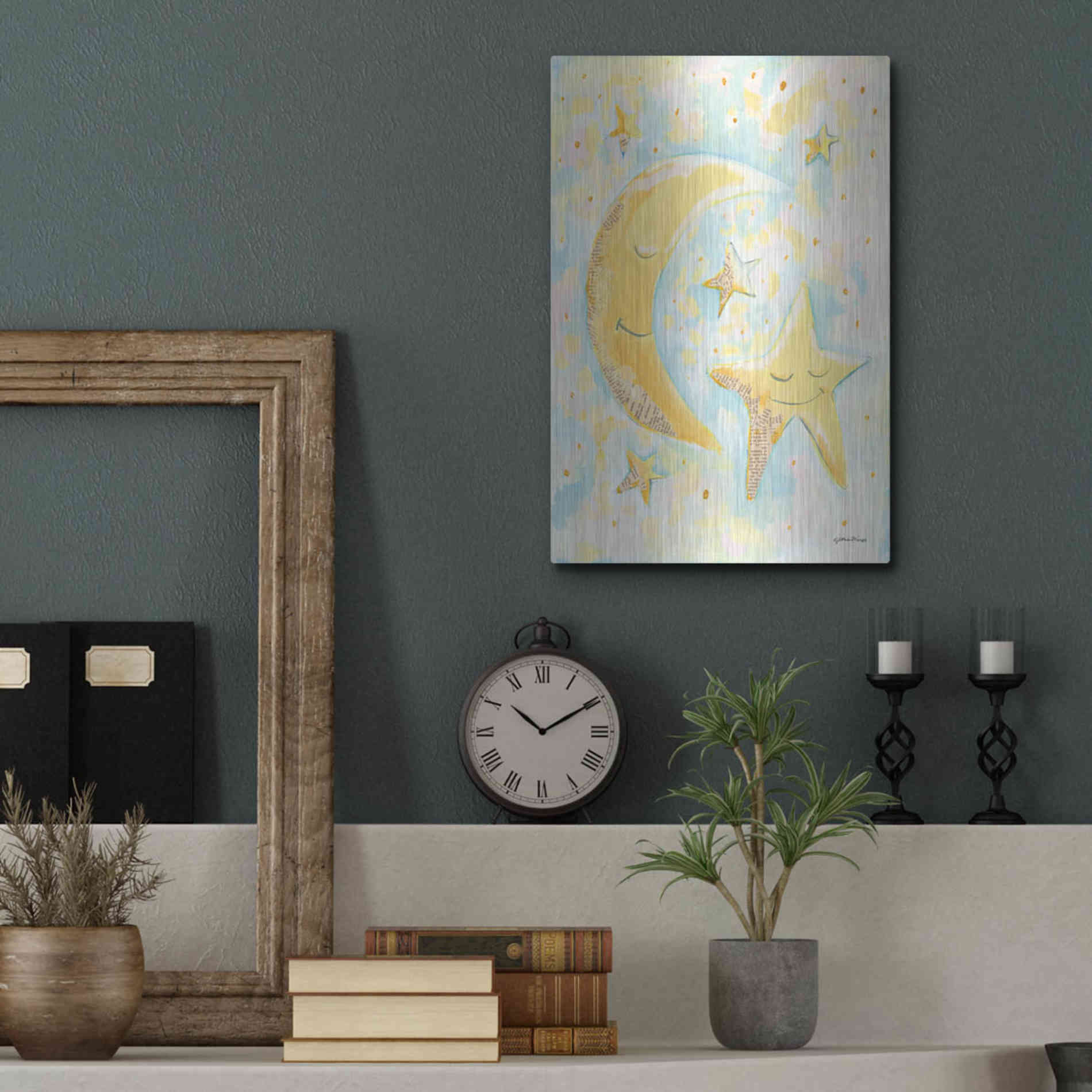 Luxe Metal Art 'Moon and Star Friends' by Jessica Mingo, Metal Wall Art,12x16