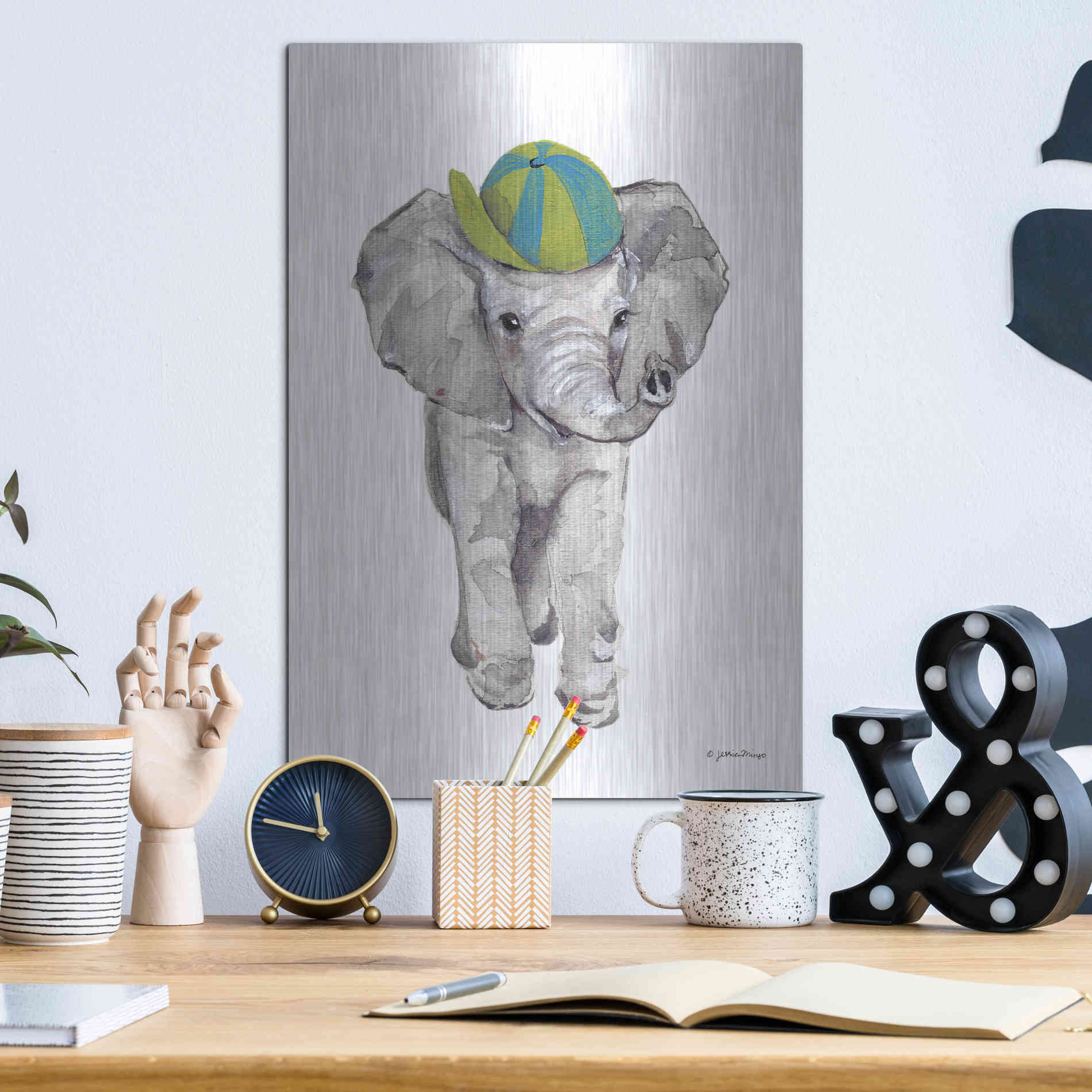 Luxe Metal Art 'Baby Elephant' by Jessica Mingo, Metal Wall Art,12x16
