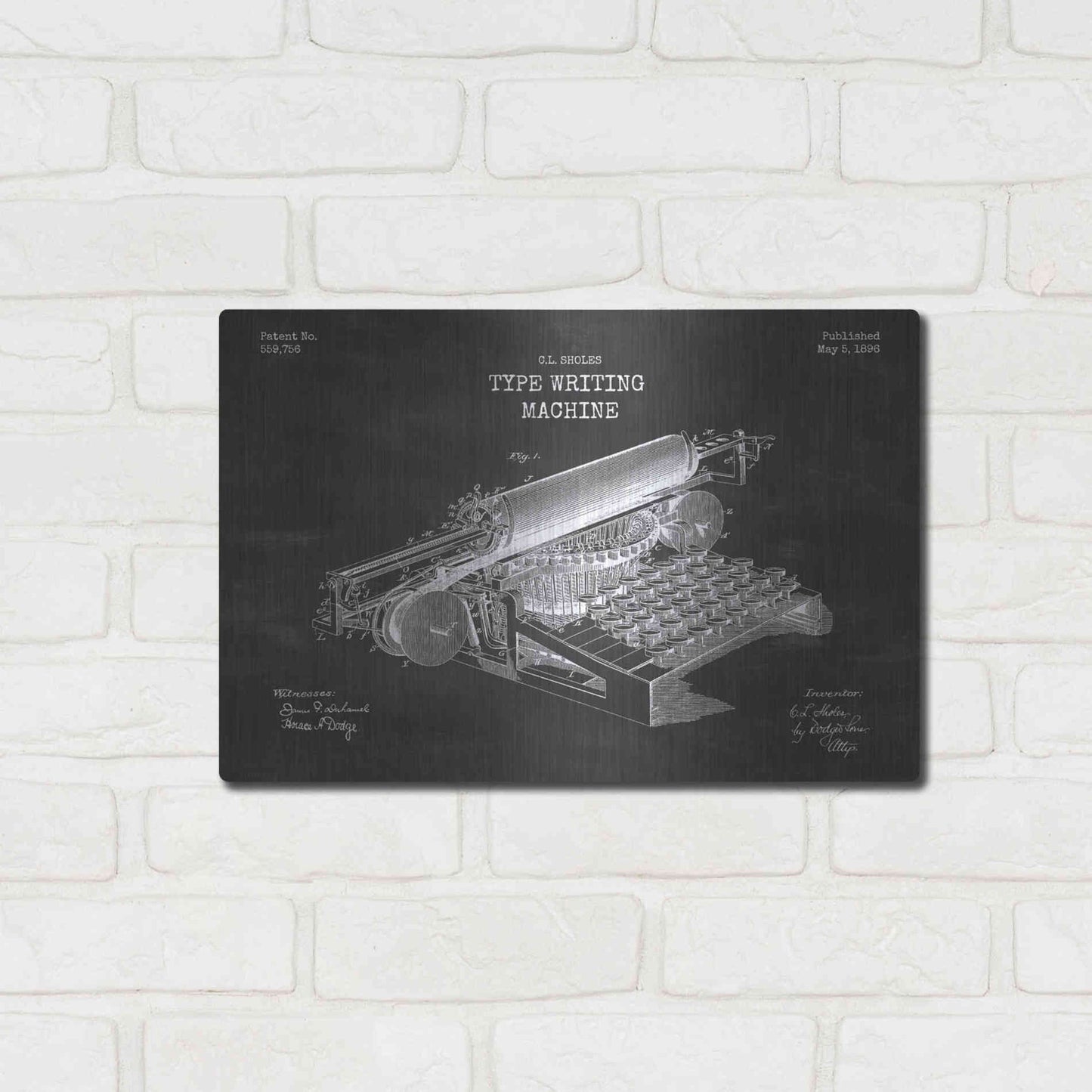 Luxe Metal Art 'Type Writing Machine Blueprint Patent Chalkboard' Metal Wall Art,16x12