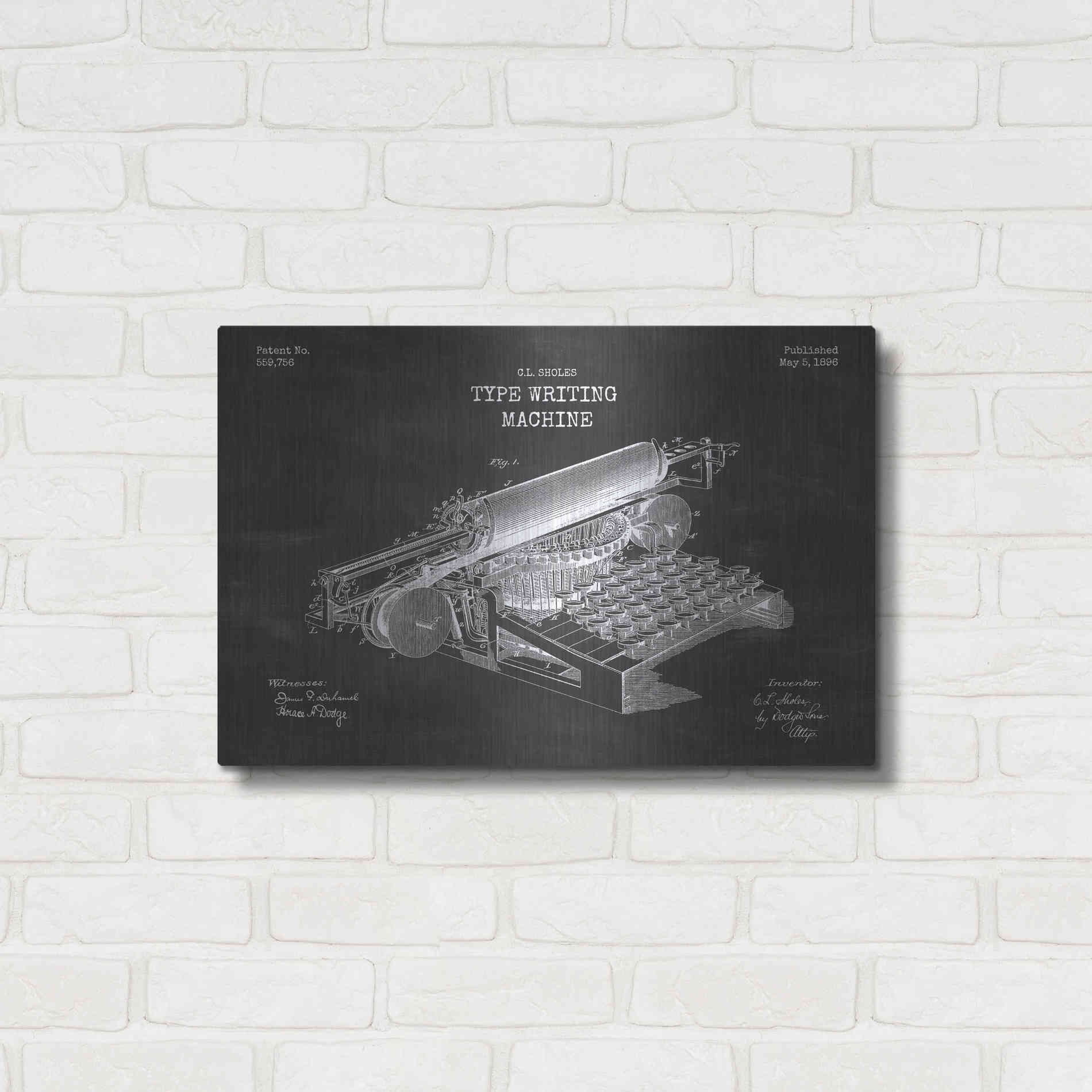 Luxe Metal Art 'Type Writing Machine Blueprint Patent Chalkboard' Metal Wall Art,24x16