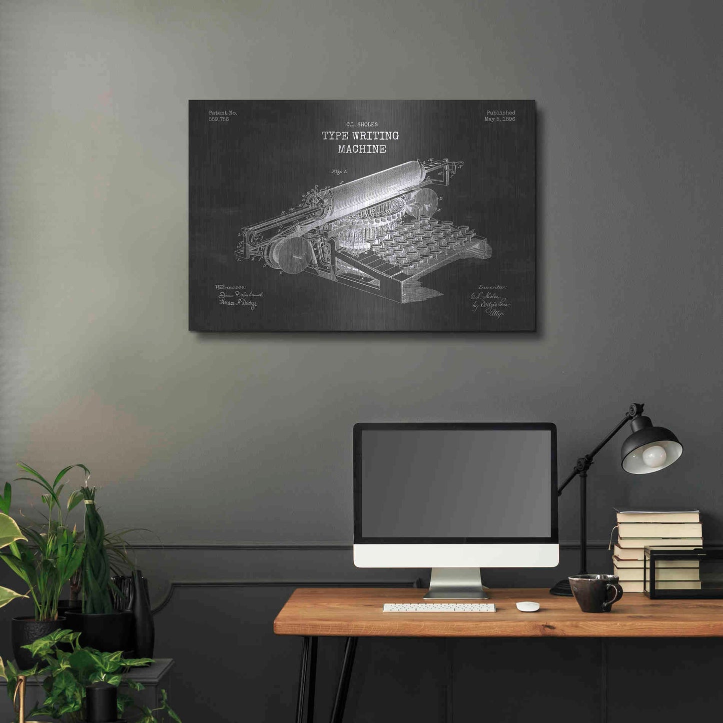 Luxe Metal Art 'Type Writing Machine Blueprint Patent Chalkboard' Metal Wall Art,36x24
