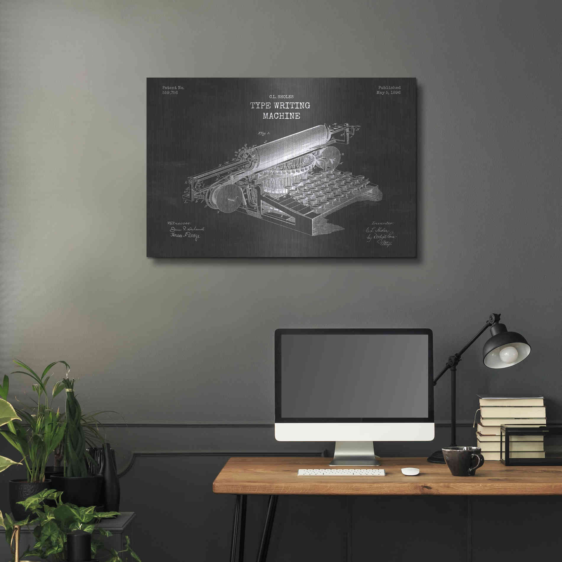 Luxe Metal Art 'Type Writing Machine Blueprint Patent Chalkboard' Metal Wall Art,36x24