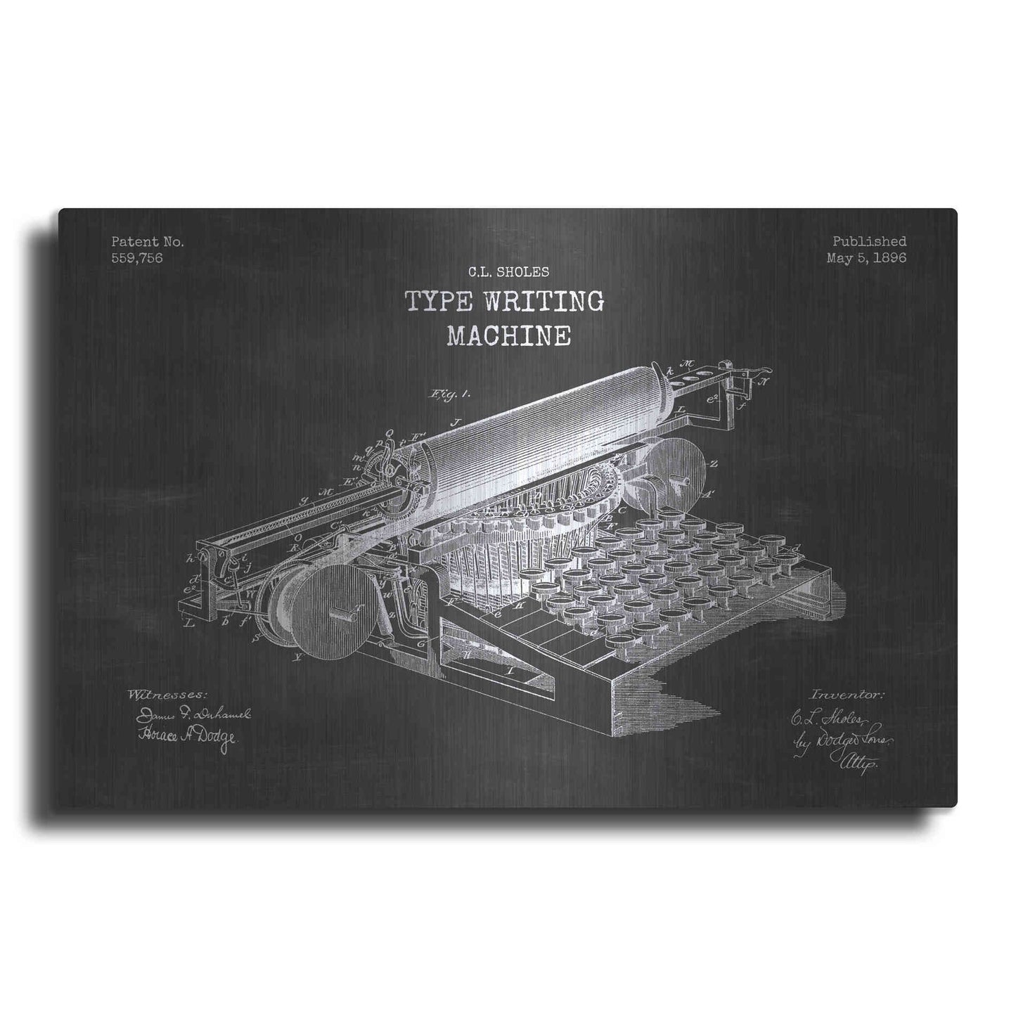 Luxe Metal Art 'Type Writing Machine Blueprint Patent Chalkboard' Metal Wall Art