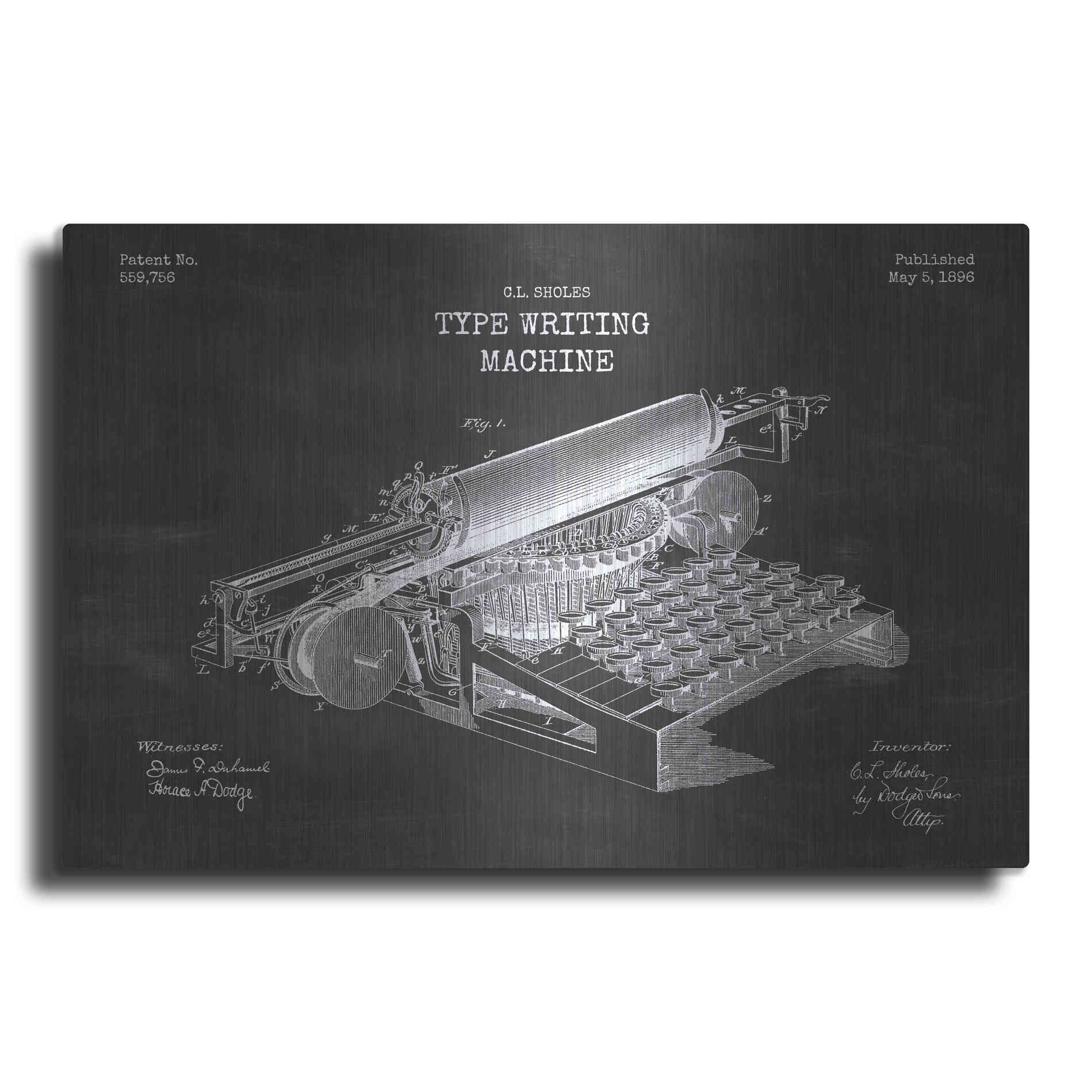 Luxe Metal Art 'Type Writing Machine Blueprint Patent Chalkboard' Metal Wall Art