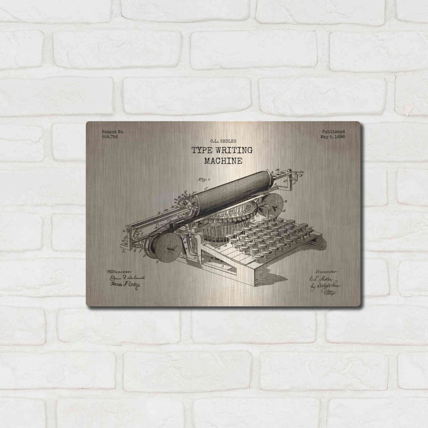 Luxe Metal Art 'Type Writing Machine Blueprint Patent Parchment' Metal Wall Art,16x12