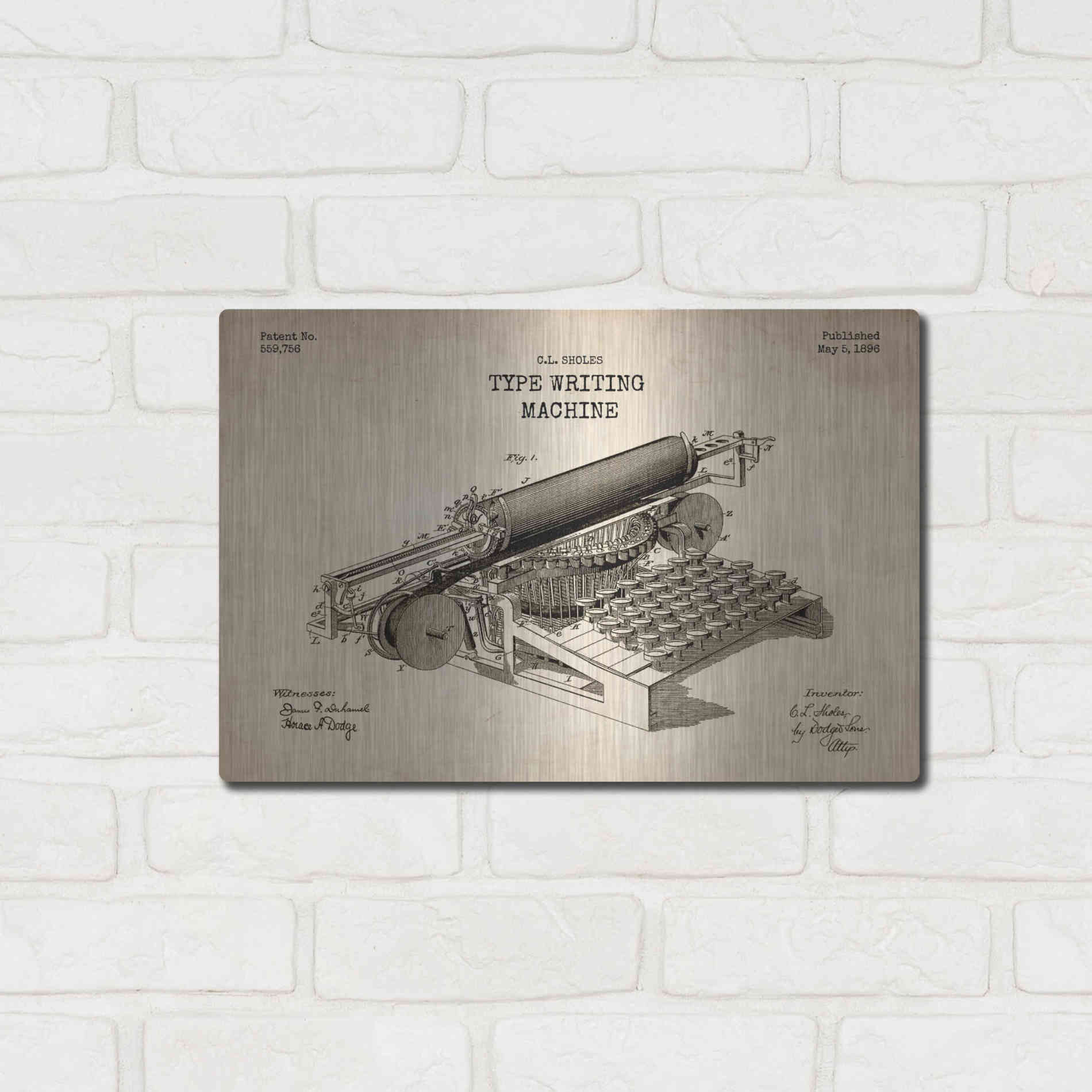 Luxe Metal Art 'Type Writing Machine Blueprint Patent Parchment' Metal Wall Art,16x12