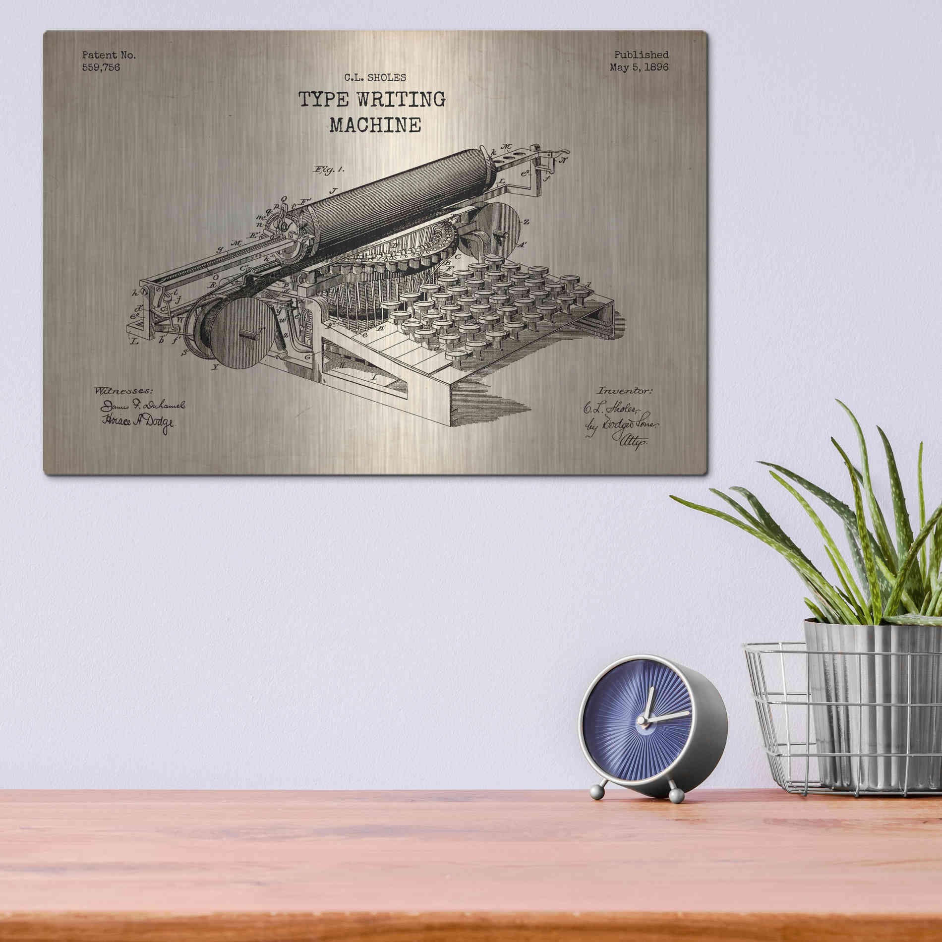 Luxe Metal Art 'Type Writing Machine Blueprint Patent Parchment' Metal Wall Art,16x12