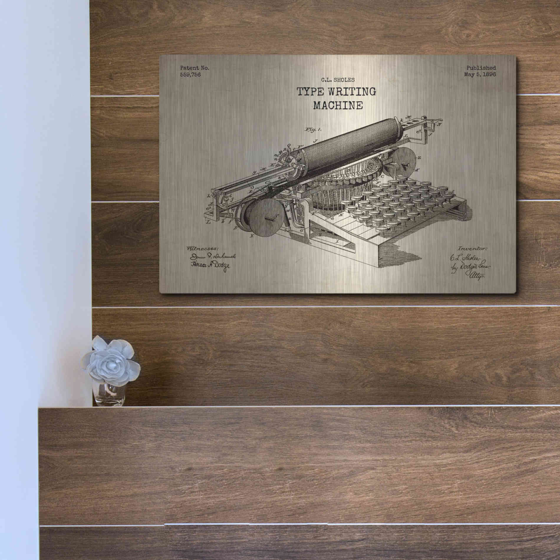 Luxe Metal Art 'Type Writing Machine Blueprint Patent Parchment' Metal Wall Art,16x12