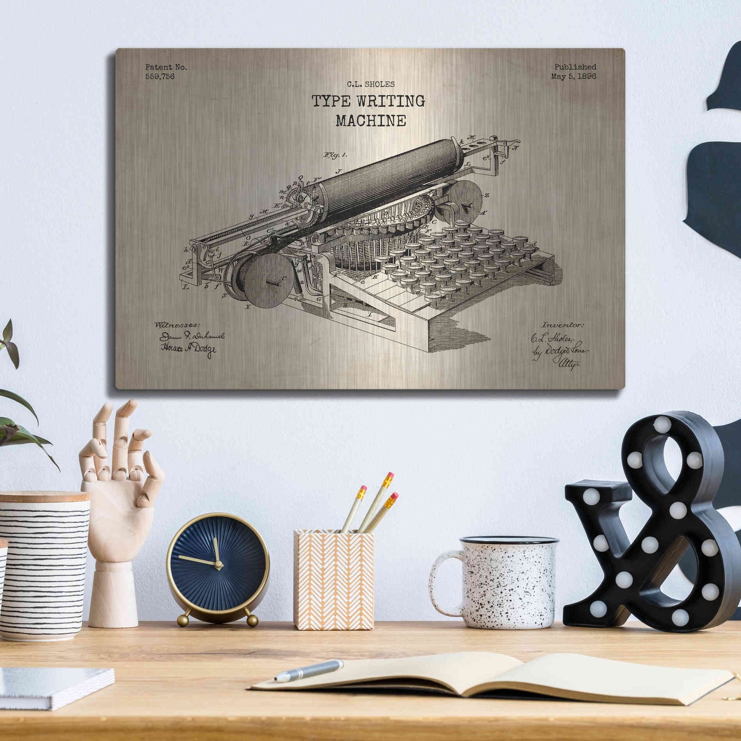 Luxe Metal Art 'Type Writing Machine Blueprint Patent Parchment' Metal Wall Art,16x12