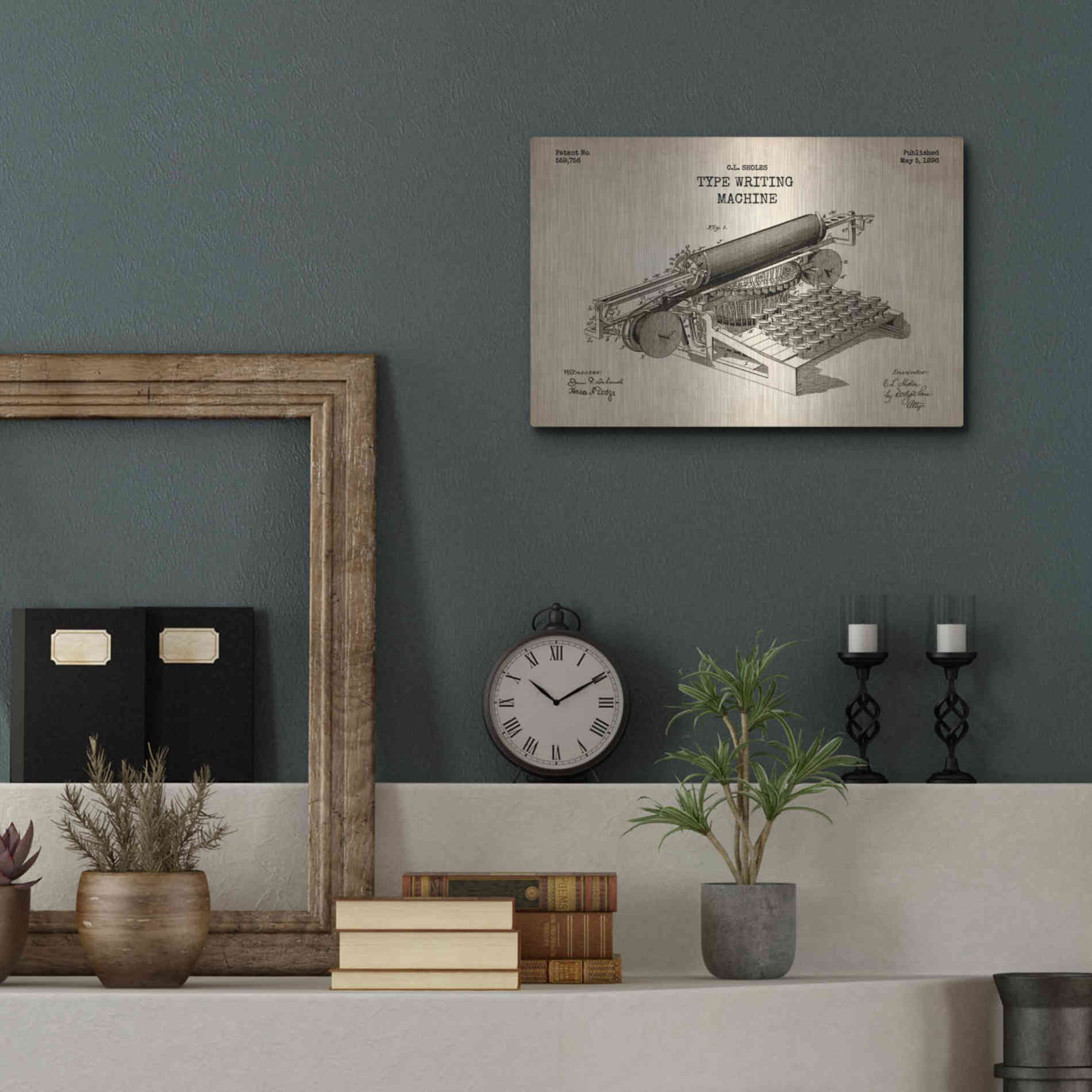 Luxe Metal Art 'Type Writing Machine Blueprint Patent Parchment' Metal Wall Art,16x12