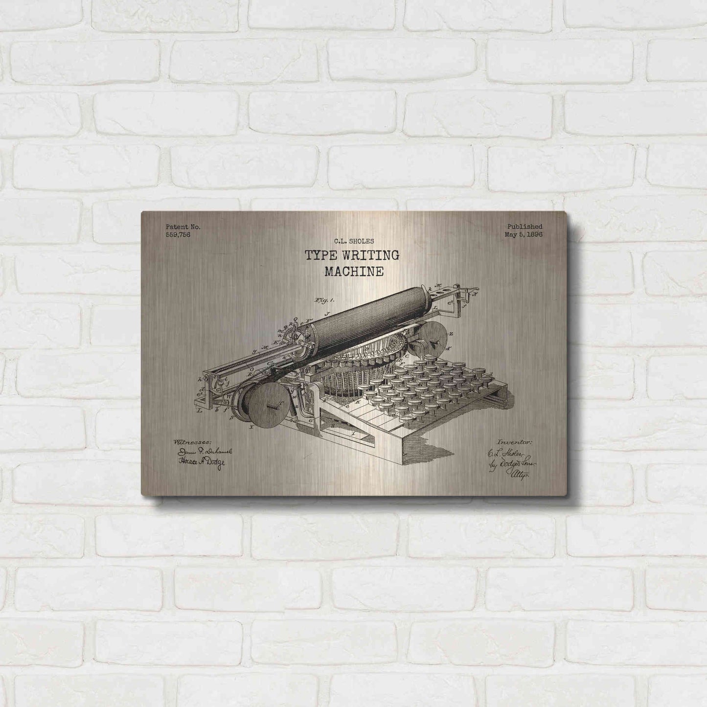 Luxe Metal Art 'Type Writing Machine Blueprint Patent Parchment' Metal Wall Art,24x16