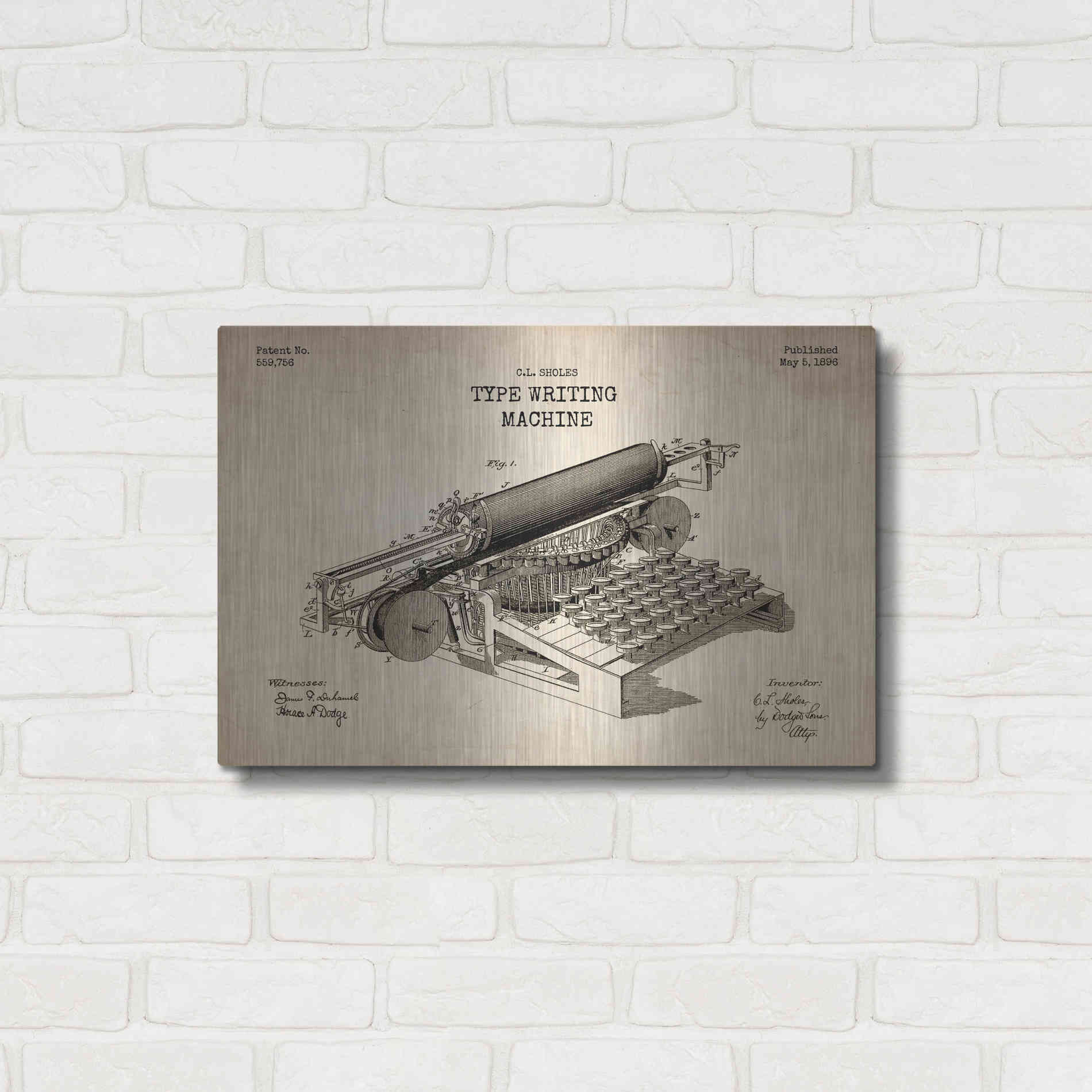 Luxe Metal Art 'Type Writing Machine Blueprint Patent Parchment' Metal Wall Art,24x16