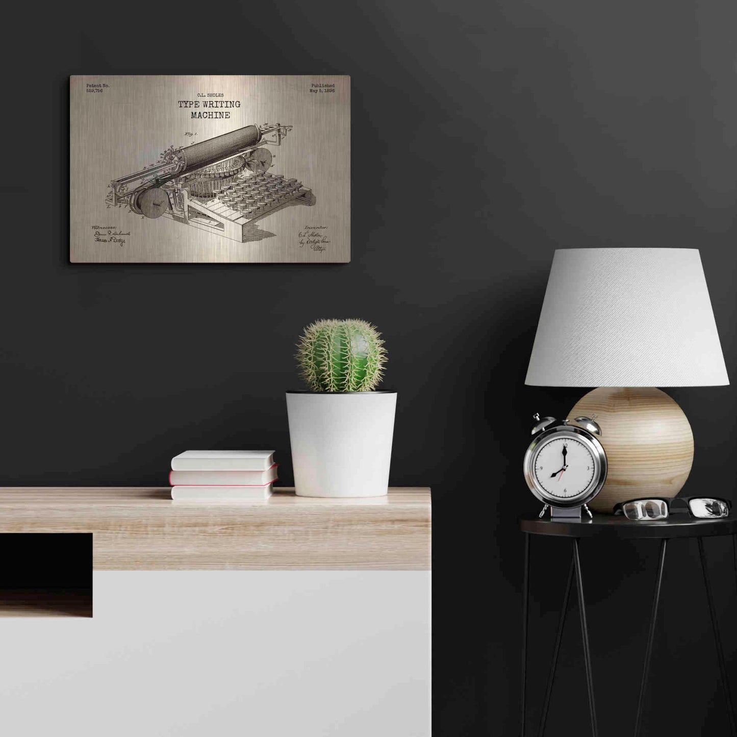 Luxe Metal Art 'Type Writing Machine Blueprint Patent Parchment' Metal Wall Art,24x16