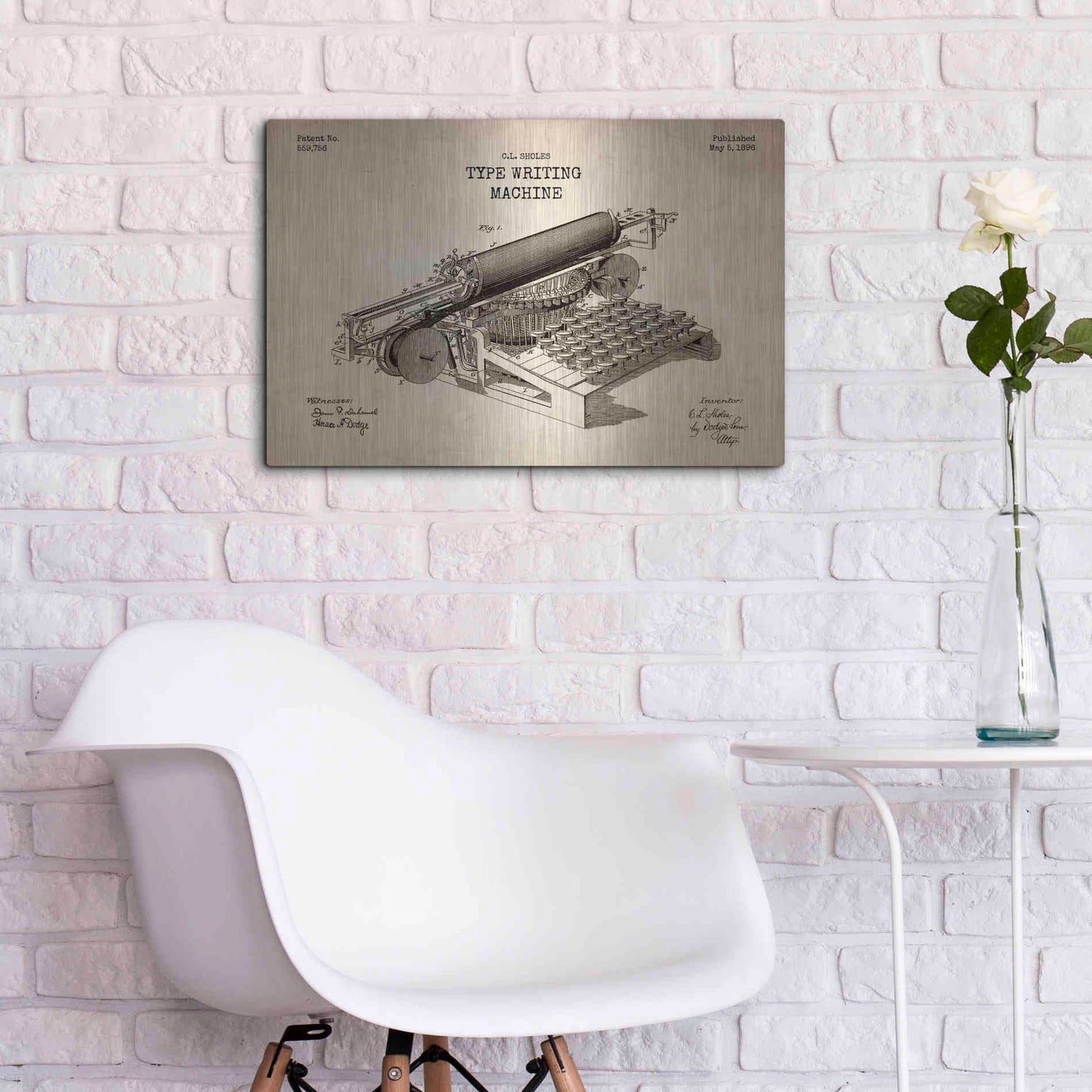 Luxe Metal Art 'Type Writing Machine Blueprint Patent Parchment' Metal Wall Art,24x16