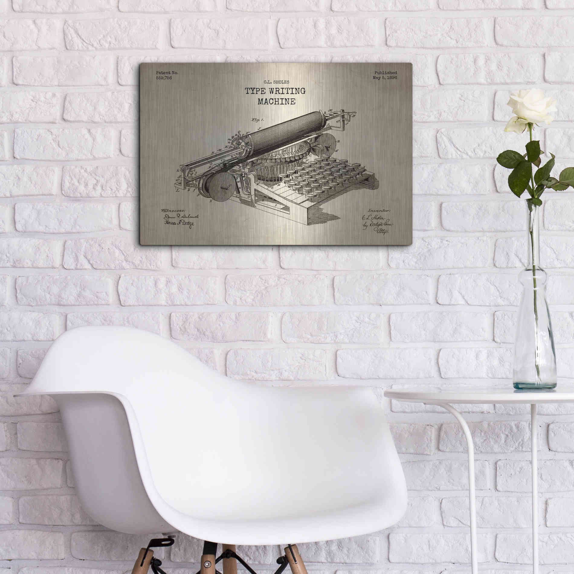 Luxe Metal Art 'Type Writing Machine Blueprint Patent Parchment' Metal Wall Art,24x16