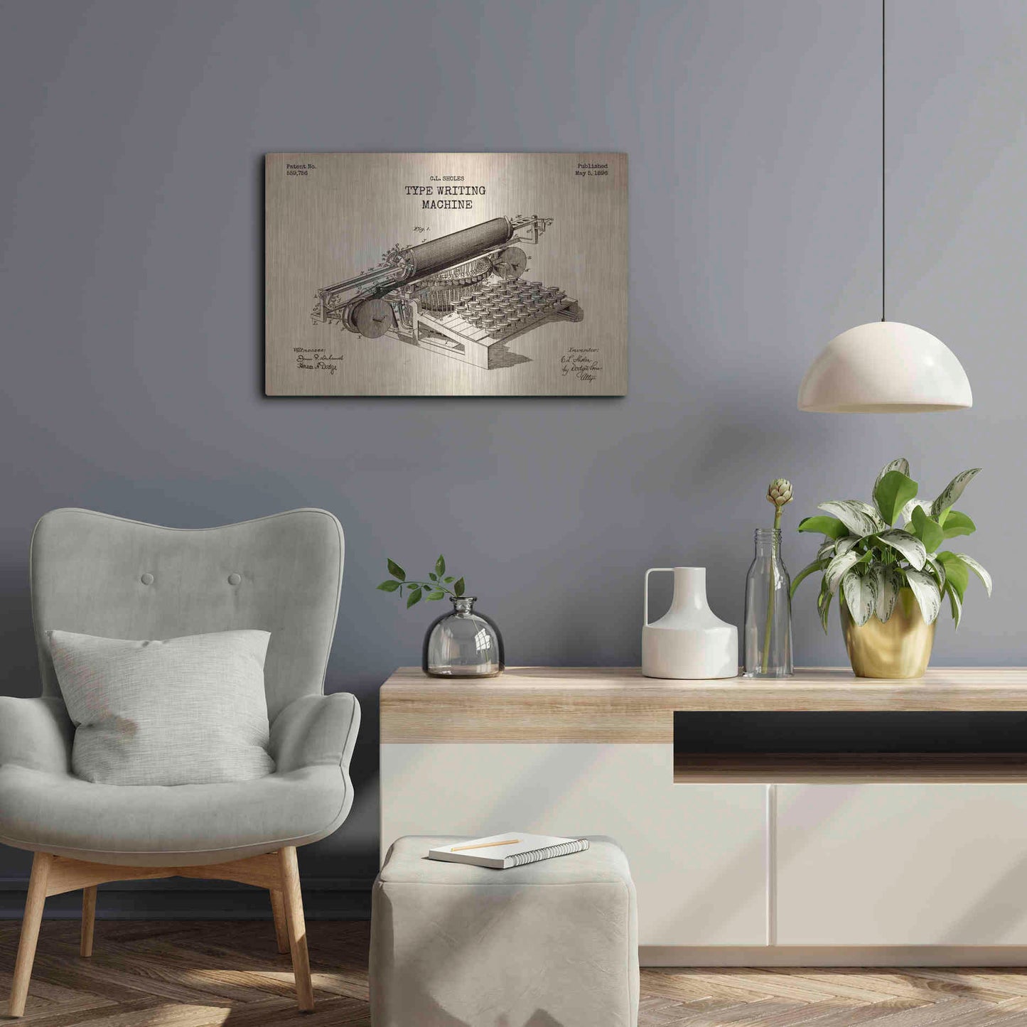 Luxe Metal Art 'Type Writing Machine Blueprint Patent Parchment' Metal Wall Art,24x16